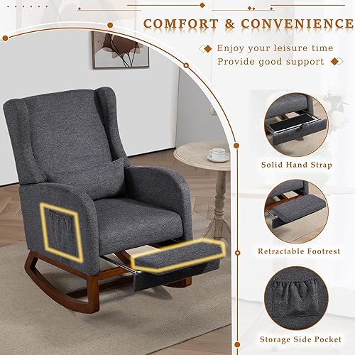 Miniatura 4 de Mecedora moderna para guardería, cómoda silla mecedora con reposapiés, silla de lectura decorativa con almohada y bolsillo, silla de descanso