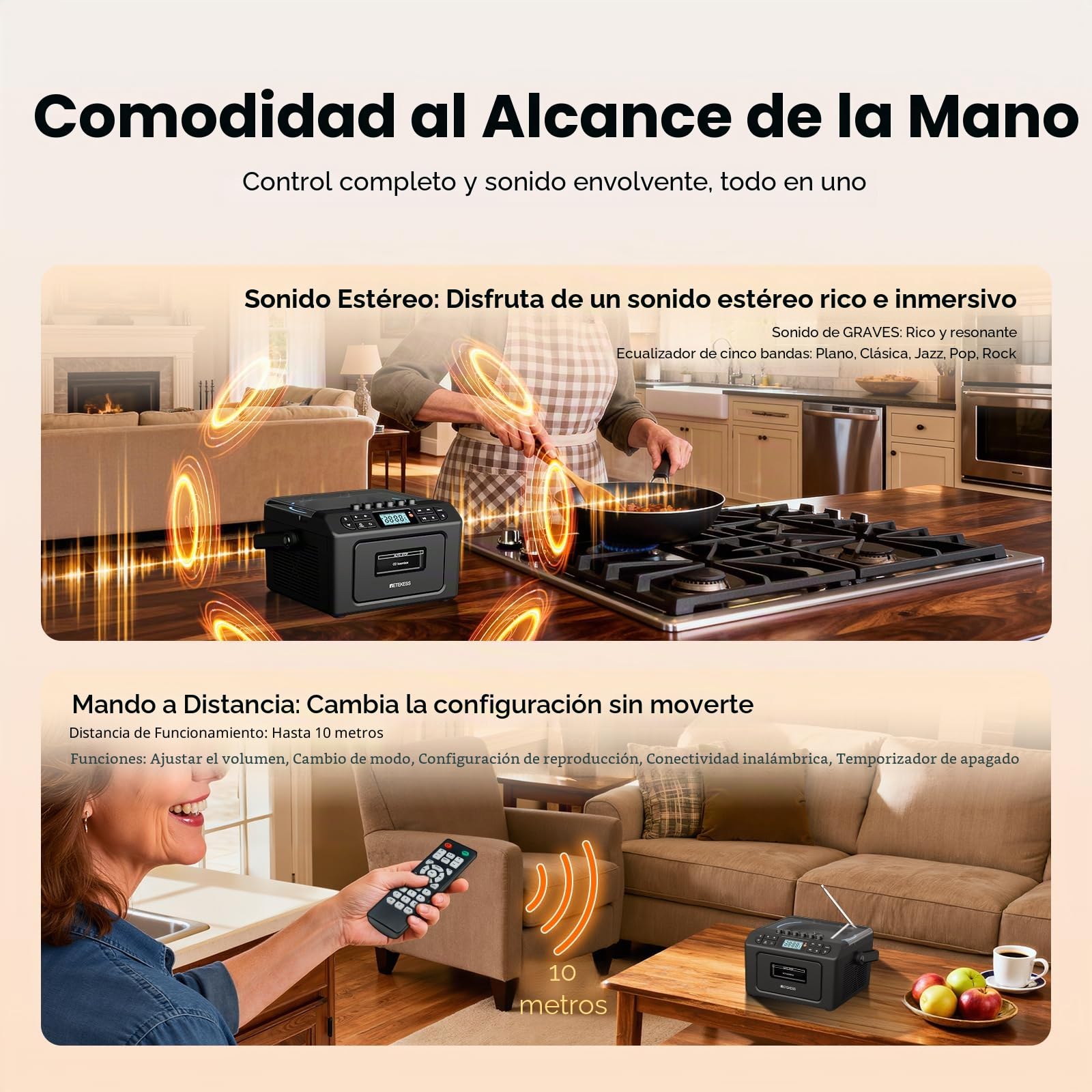 Retekess TR642 Reproductor de CD Portátil, Radio Cassette Portátil, Am/FM, Conectividad Inalámbrica, Batería Recargable de 5000 mAh, USB/AUX/TF, Conector para Auriculares, Apto para Familias