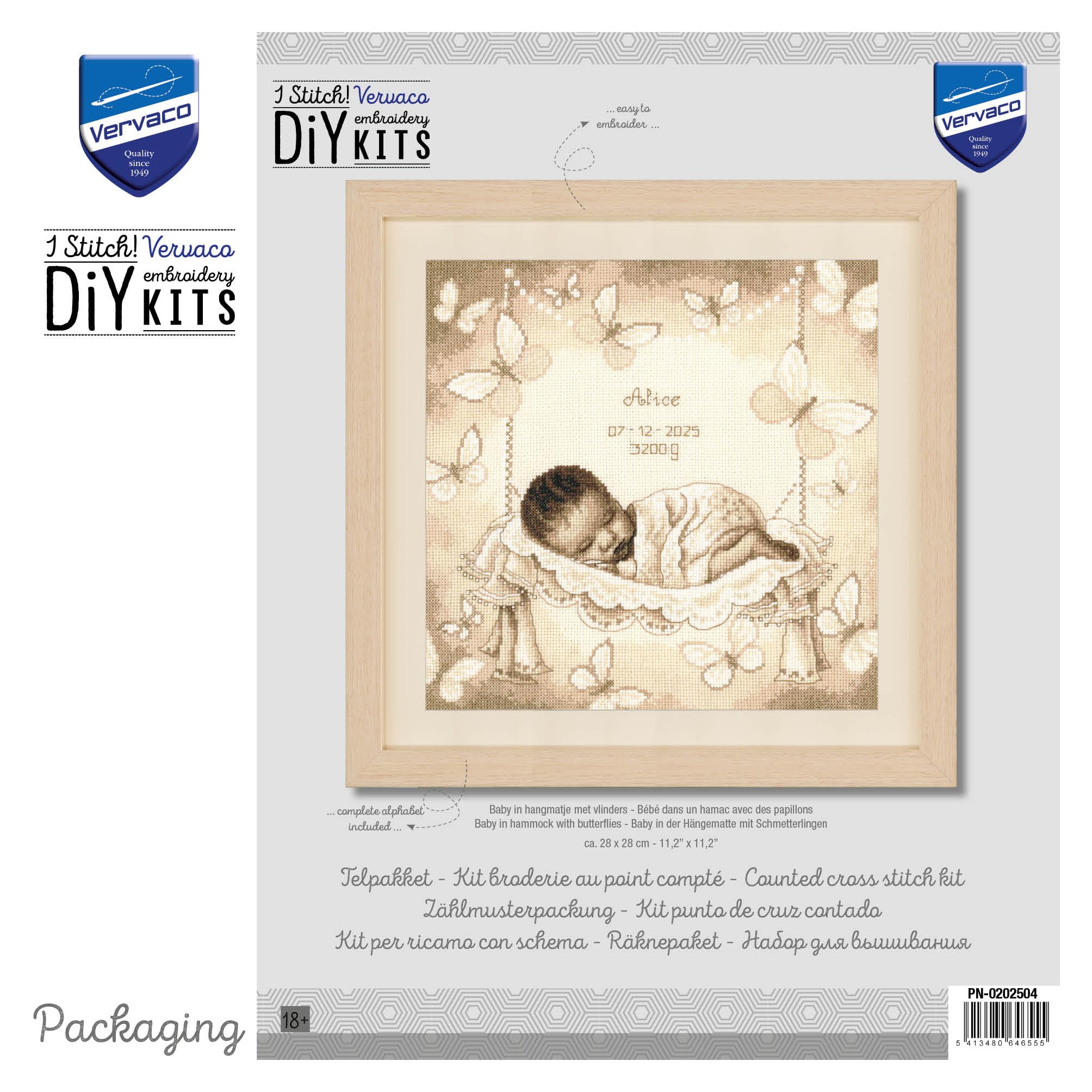 VERVACO Point De Croix Compté Kit DIY Cadeau Bebe Naissance Personnalisé BÉBÉ DANS UN HAMAC Tableau Complet Kit De Broderie Loisir Créatif Maison Décoration ca. 28 x 28 cm Cross Stitch