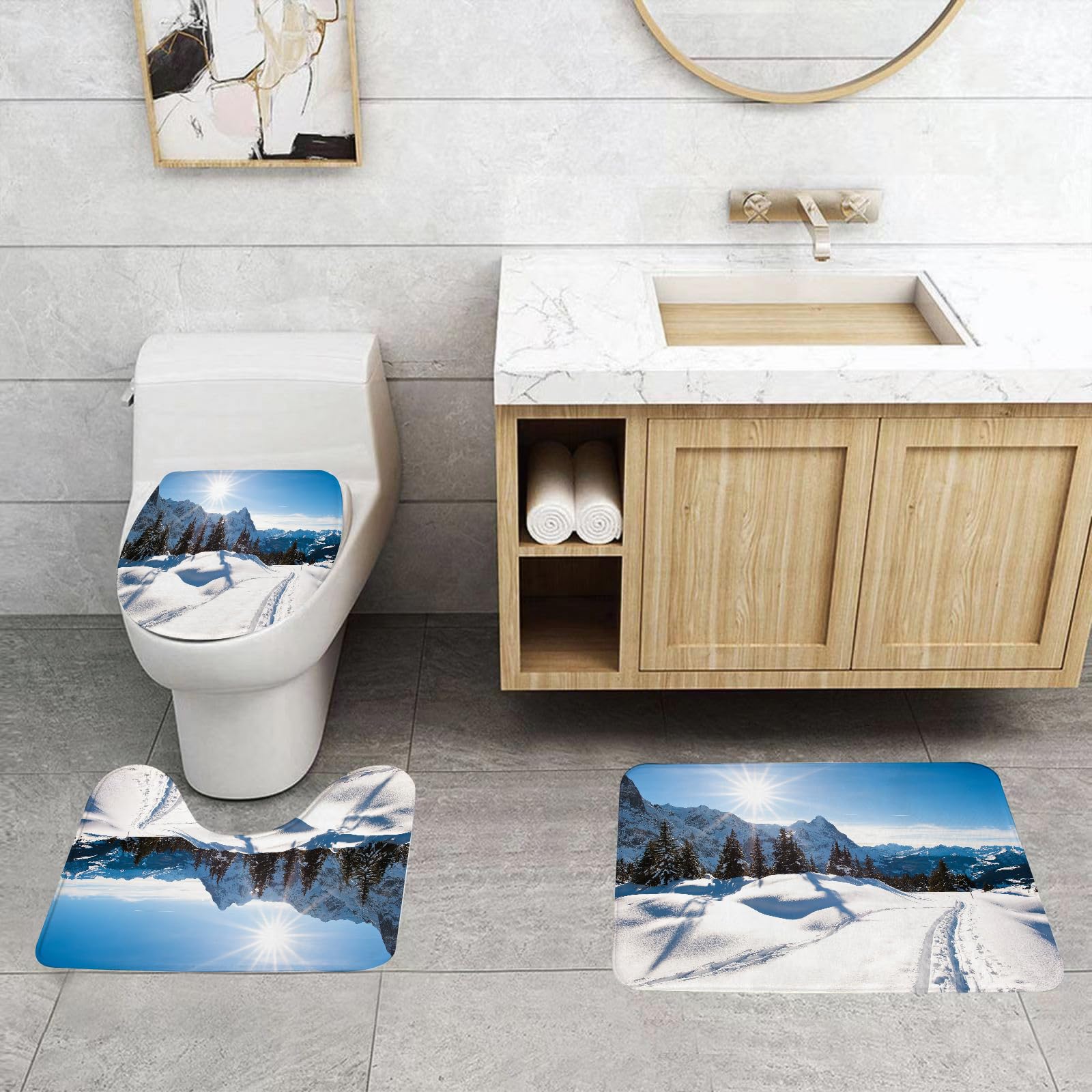 Set di 3 tappetini da Bagno, Lavabili in Lavatrice e Antiscivolo, tappetini Morbidi in Fibra Superfine, Decorazioni Invernali, Panorama Invernale in Montagna con Tempo Soleggiato