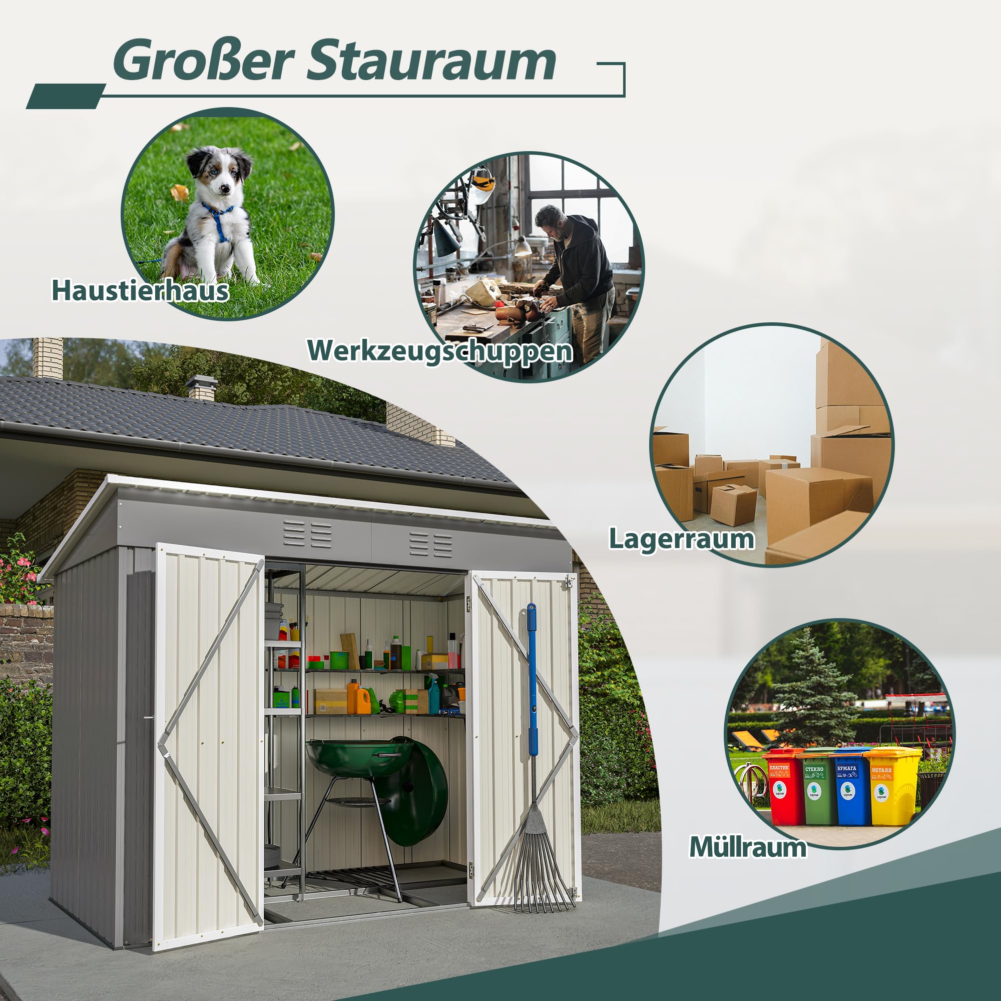 DRIXNO Metall Gerätehaus, 229x111x182 cm Garten Schuppen, Gartenhaus Geräteschuppen mit stabilem Metallfundament, Stauraum für Gartengeräte, Inkl Metallfundament, Ohne Boden, Grau