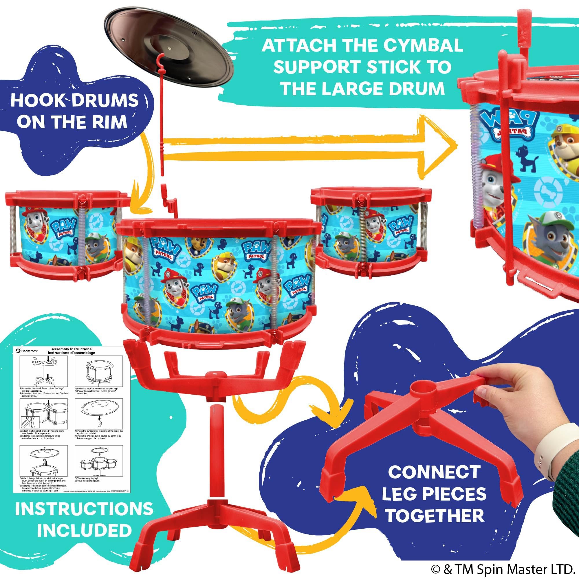 Hedstrom Grande batterie – 3 tambours, 1 cymbale, 2 baguettes de batterie et support, Paw Patrol
