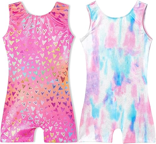 Domusgo Leotardos de gimnasia para niñas de 5 a 6 años de edad, sin mangas, con grafiti rosa, nenon amor, corazón, ciclista, con pantalones cortos