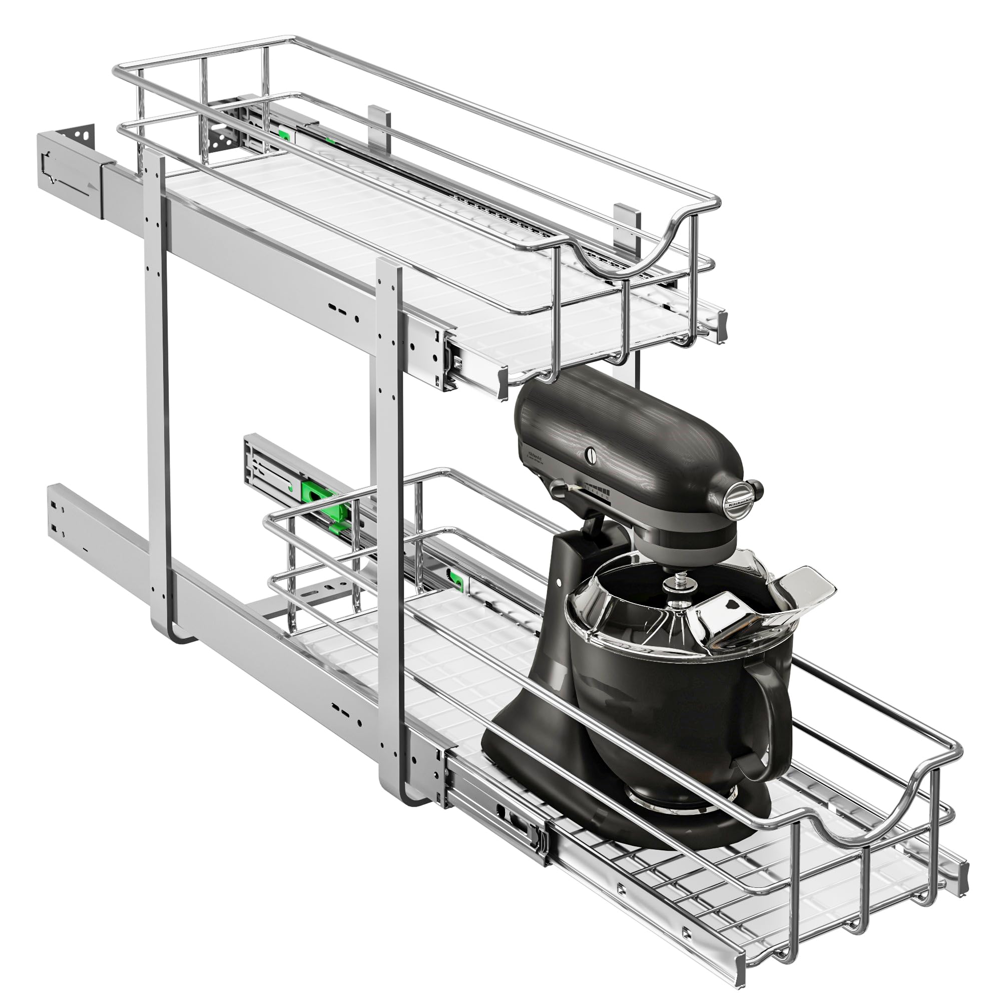 WelFurGeer 2-Tier Stainless Steel Pull Out Cabinet Organizer, Soft Close Damping Slides, Heavy Duty Chrome Plated Wire Basket with Shelf Liner, Perfect for Kitchen Cabinets, Pantry Storage, Under Sink