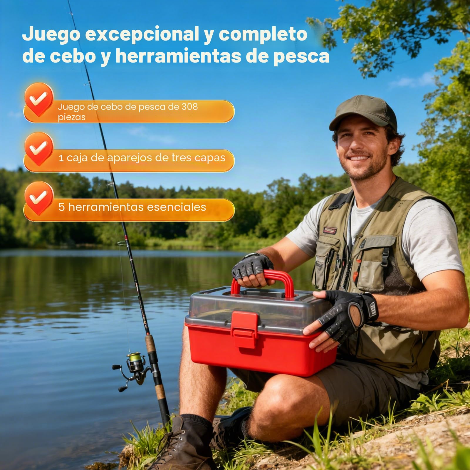 Kit de Pesca 314 Piezas, Maleta Pesca Portátil con Caja de Cebo 3 Estantes,Set de Iniciación con Clips para Labios, Removedor Anzuelos, Cebos para Trucha y Perca, Pesos Plomo,Accesorios de Pesca