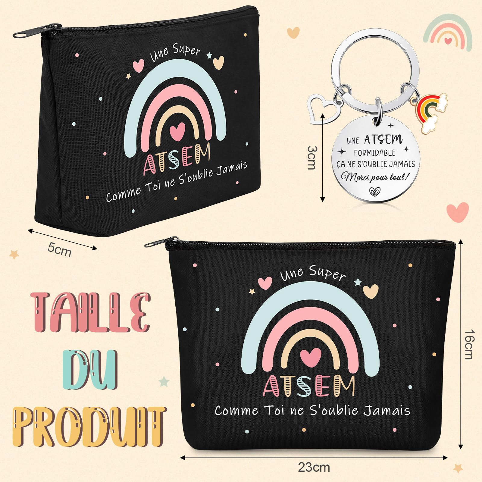 Coffret Cadeau ATSEM 3 Pièces Trousse de Maquillage Porte-Clés Stylo à Bille