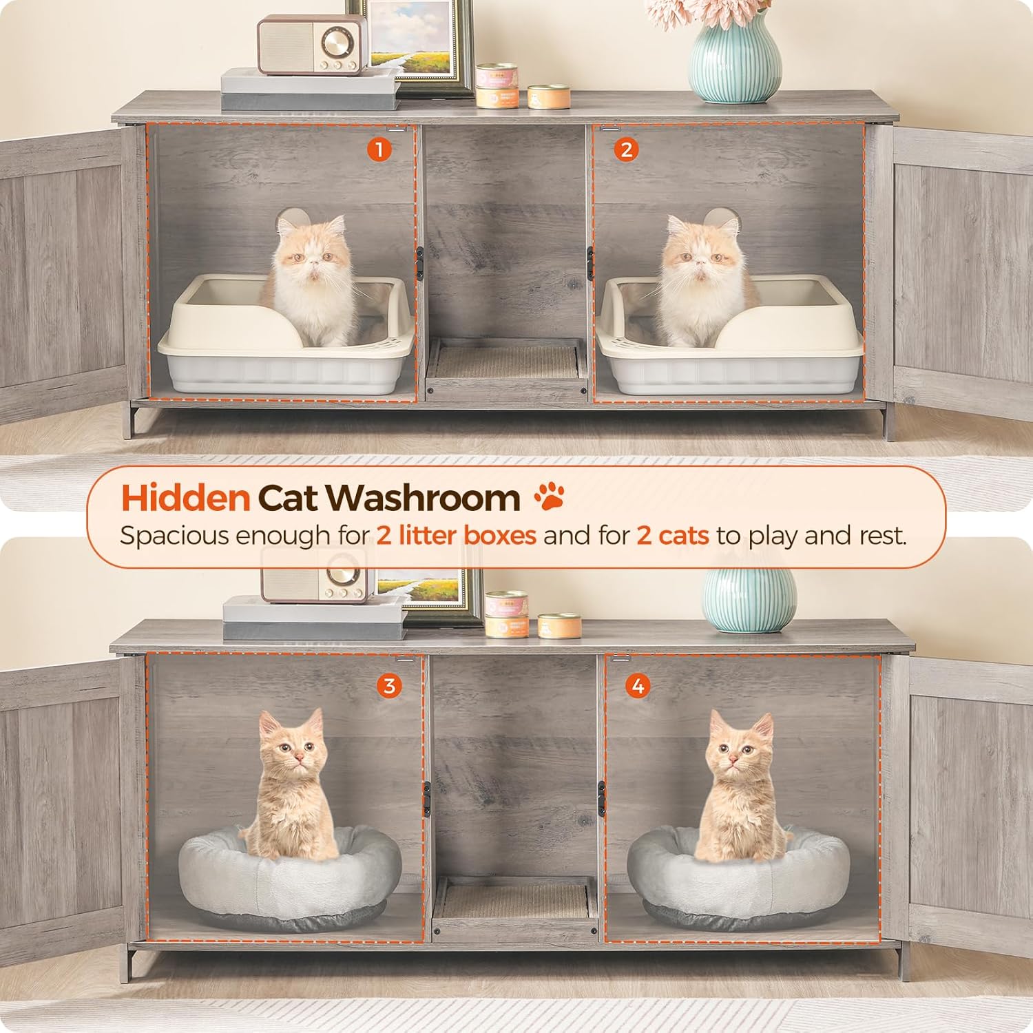 Cat Litter Box Enclosure for 2 Cats and Hidden Litter Box Furniture, Wooden Cats Washroom Furniture with Double Room, Indoor Cat House TV Stand, CWHG1201-CWZW2201