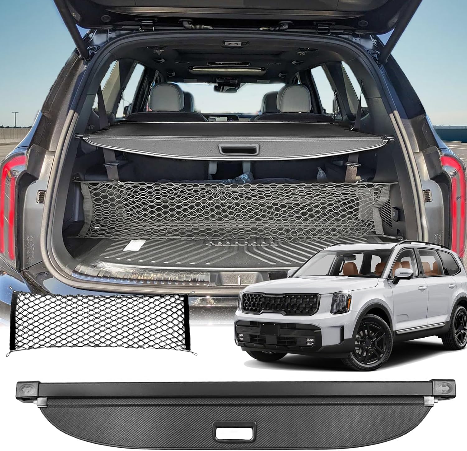 Cargo Cover for 2020-2025 Kia Telluride Accessories, (Carbon Fiber Look) Retractable Trunk Cover Fit for 2020-2023 2024 Kia Telluride 2025 Accessories Privacy Luggage Security Shield Shade