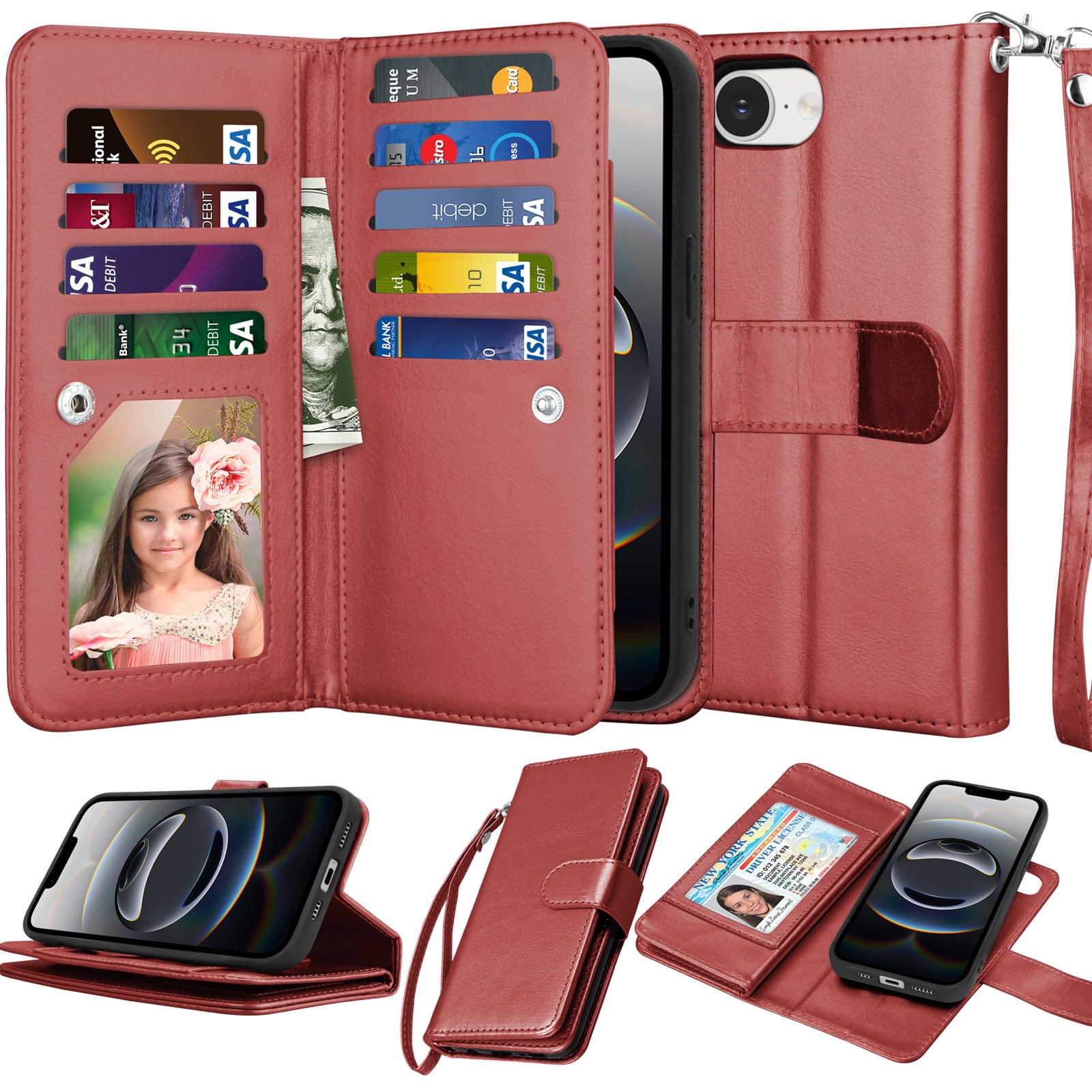 NJJEX Case Compatible for iPhone 16E 2025, for iPhone 16E Wallet Case, [9 Card Slots] PU Leather Card Holder Folio Flip [Detachable] Kickstand