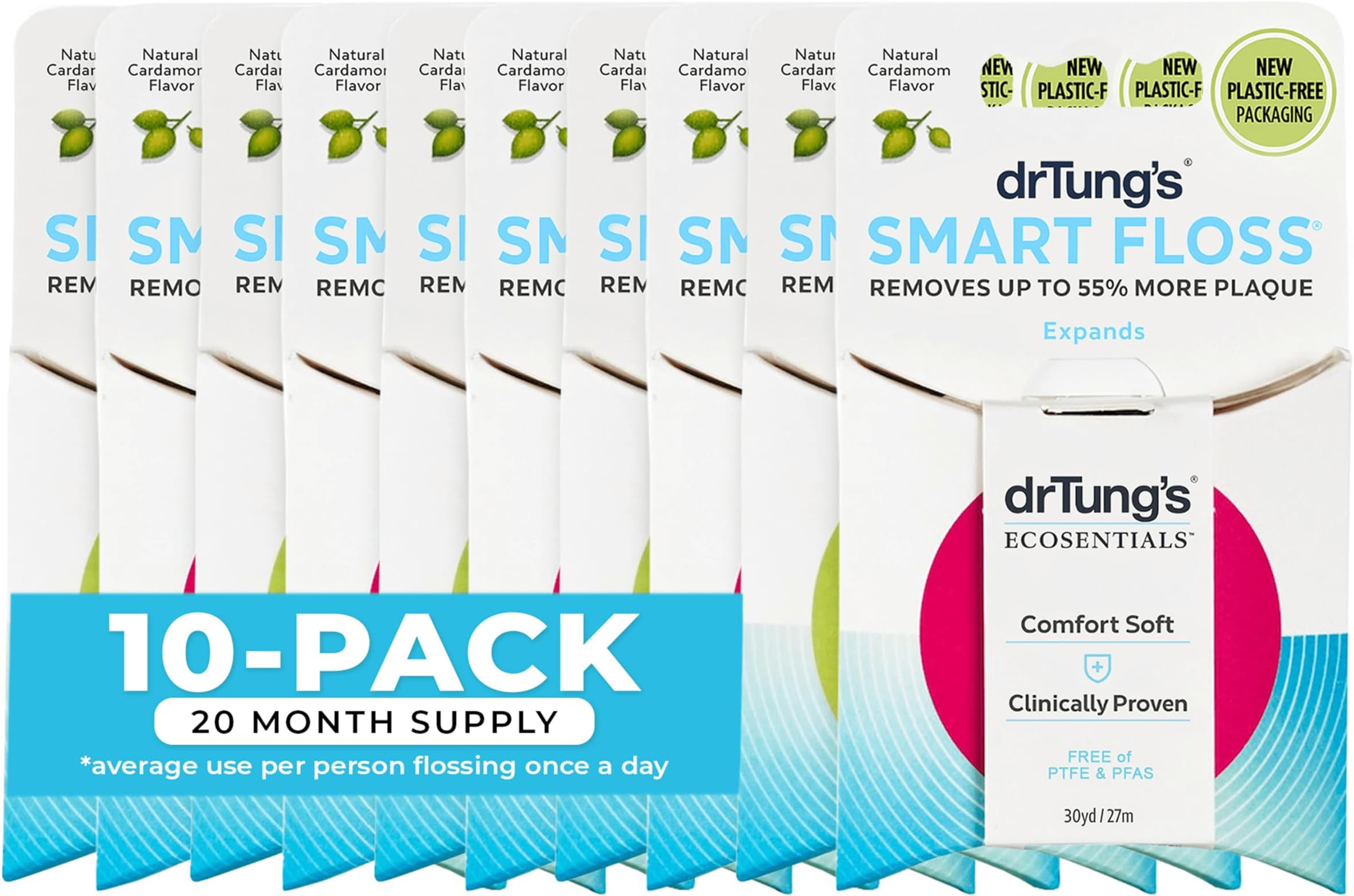 DrTung's Smart Floss - Natural Floss, PTFE & PFAS Free Floss, Gentle on Gums, Expands & Stretches, BPA Free - Cardamom Flavor, Colors Vary (10 Pack)