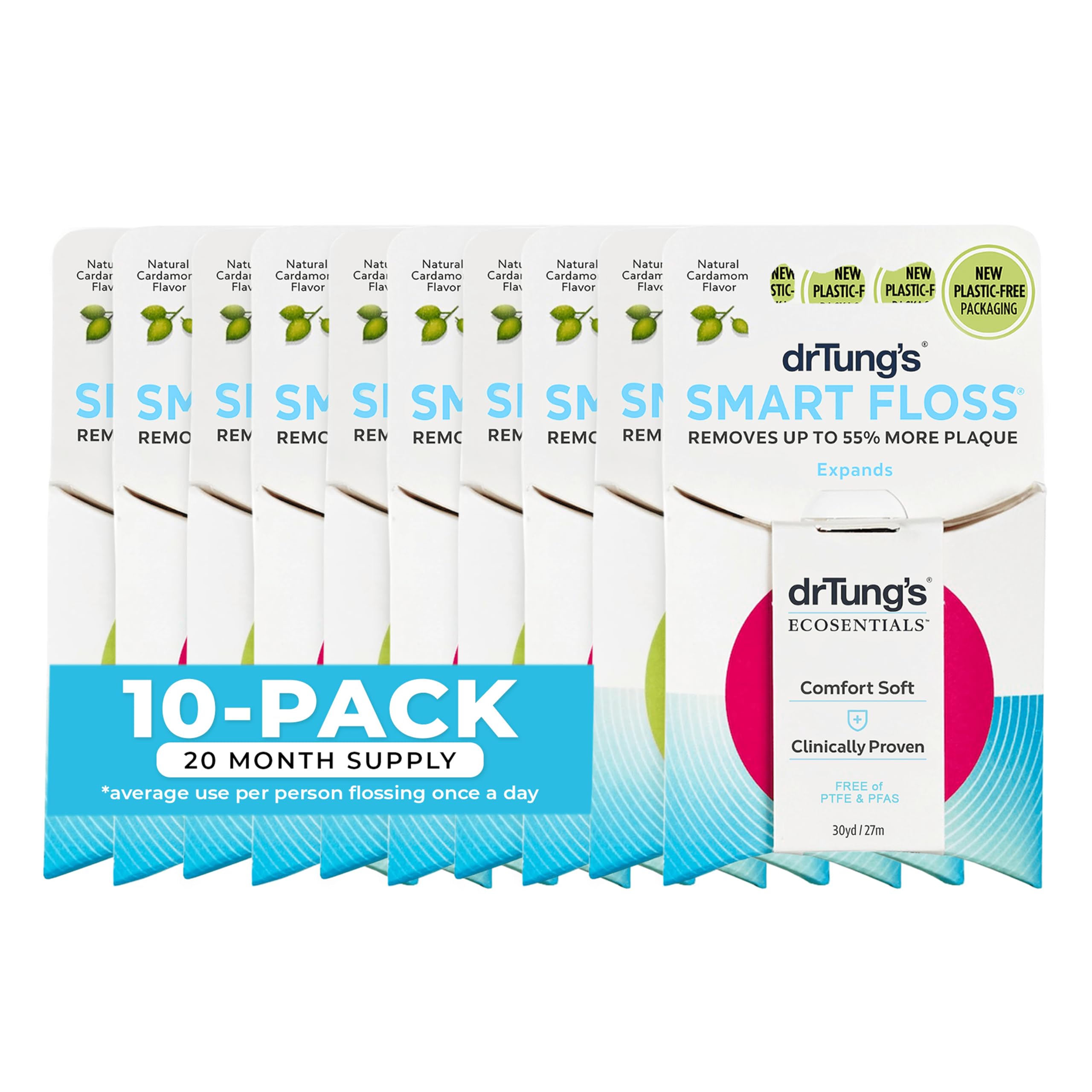 DrTung's Smart Floss - Natural Floss, PTFE & PFAS Free Floss, Gentle on Gums, Expands & Stretches, BPA Free - Cardamom Flavor, Colors Vary (10 Pack)