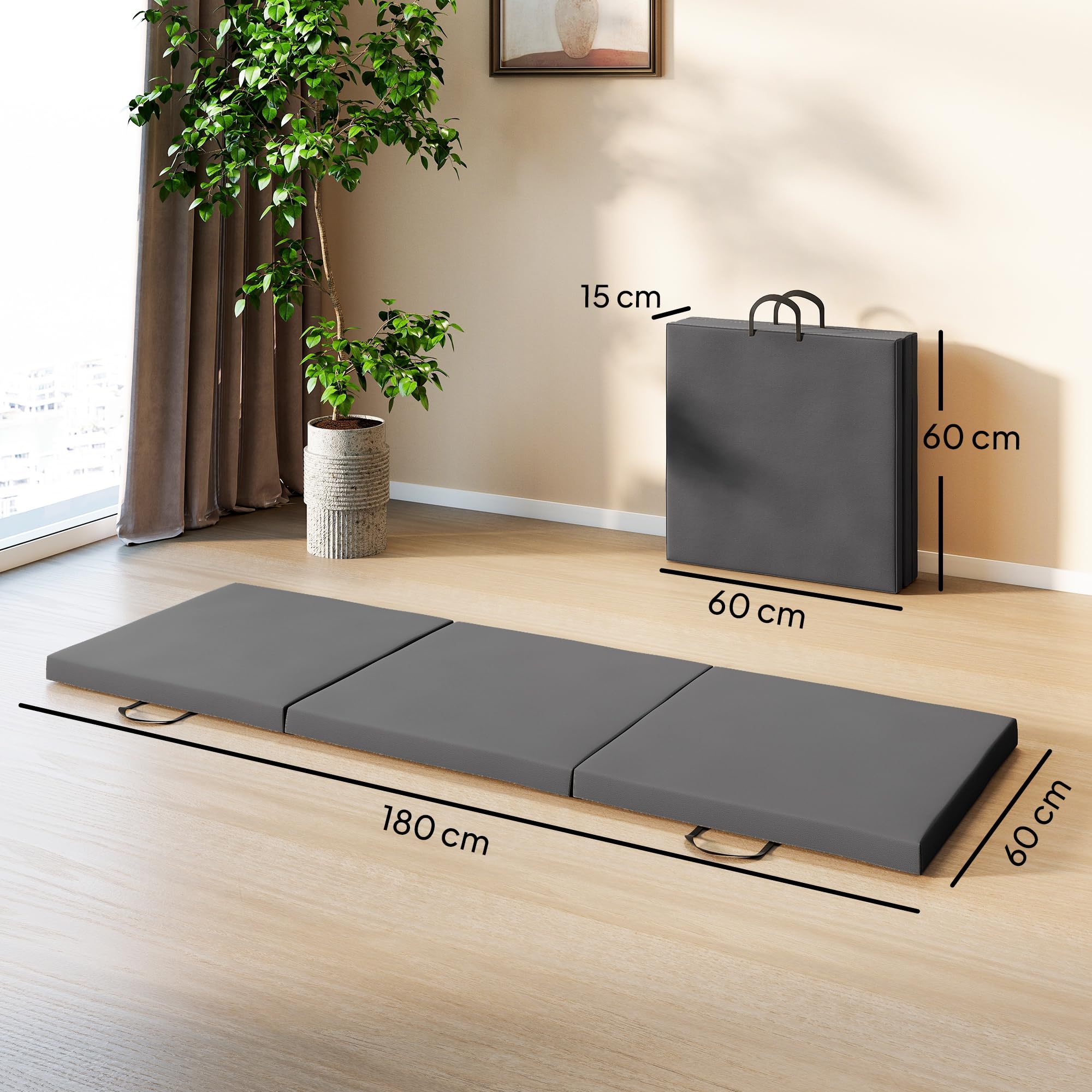 HOMCOM Tapis de gymnastique pliable, tapis gymnastique épais, 180 x 60 x 5 cm, avec poignée, tapis de sol pour yoga, sport, fitness, pilates, revêtement synthétique