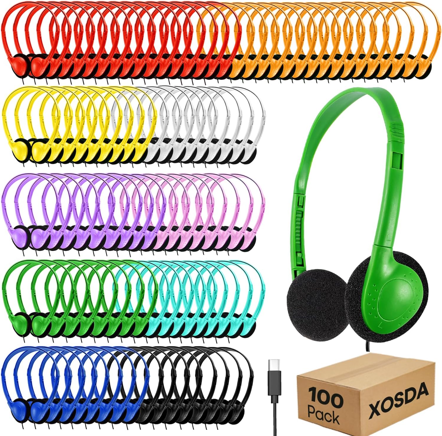 100 Pack USB C Classroom Bulk Headphones for Kids Schools Students K-12, Wholesale Type C Wired Headphones Class Set Compatible with Newer Chromebooks, iPads, Tablets and Laptops(LS857C,100 Mixed)