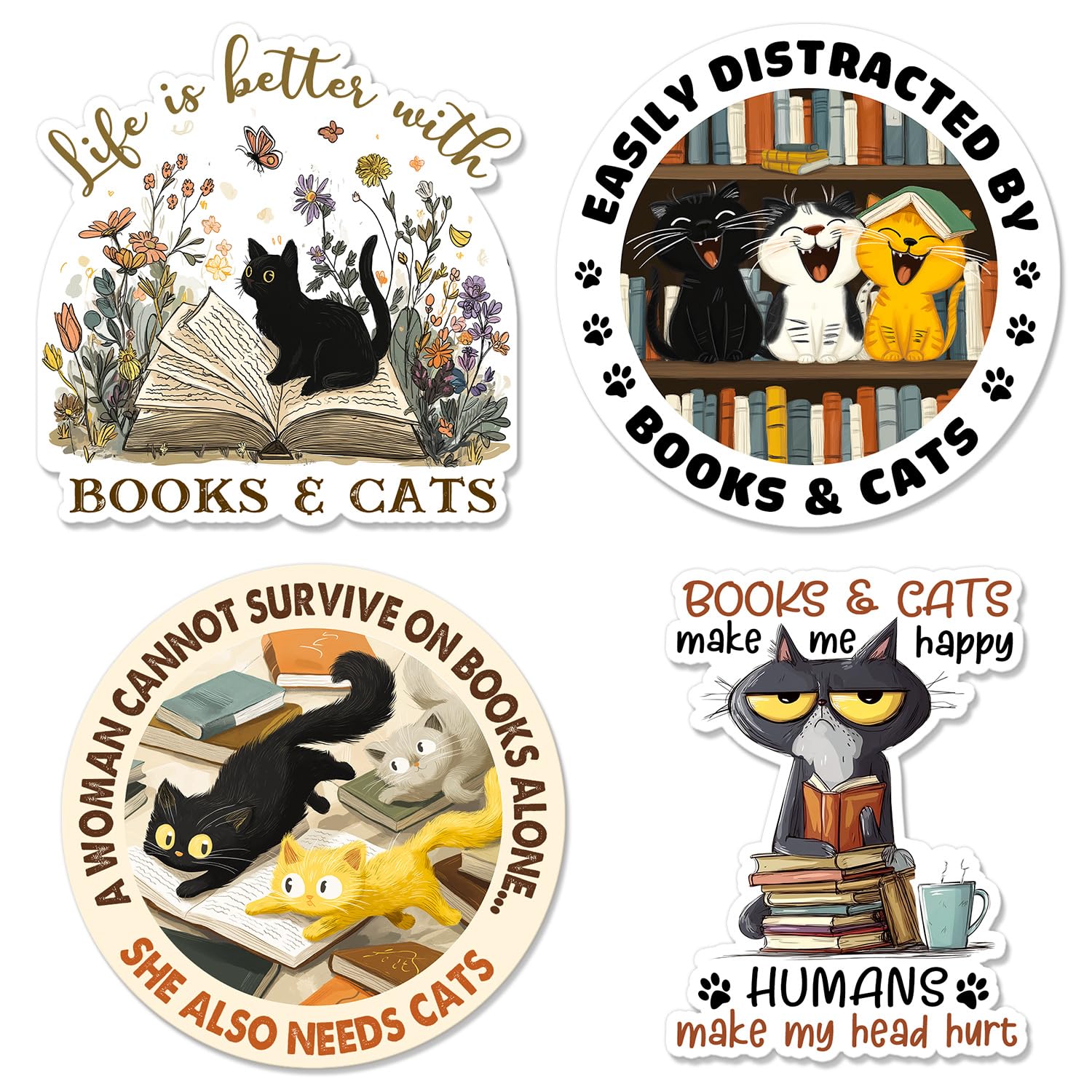 Autocollants livres et chats en vinyle imperméable anti-rayures pour bouteilles