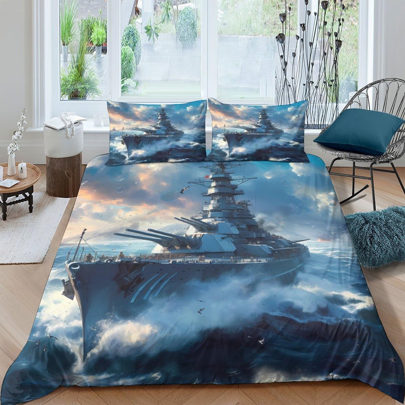 XFKLYNVCJ 3D Printed Warship in storm Quilt Cover Polyester Naval battle scene Comforter Cover Soft Breathable Lightweight Shrink Resistant No Iron for All Season Bedroom Use Single（135x200cm）