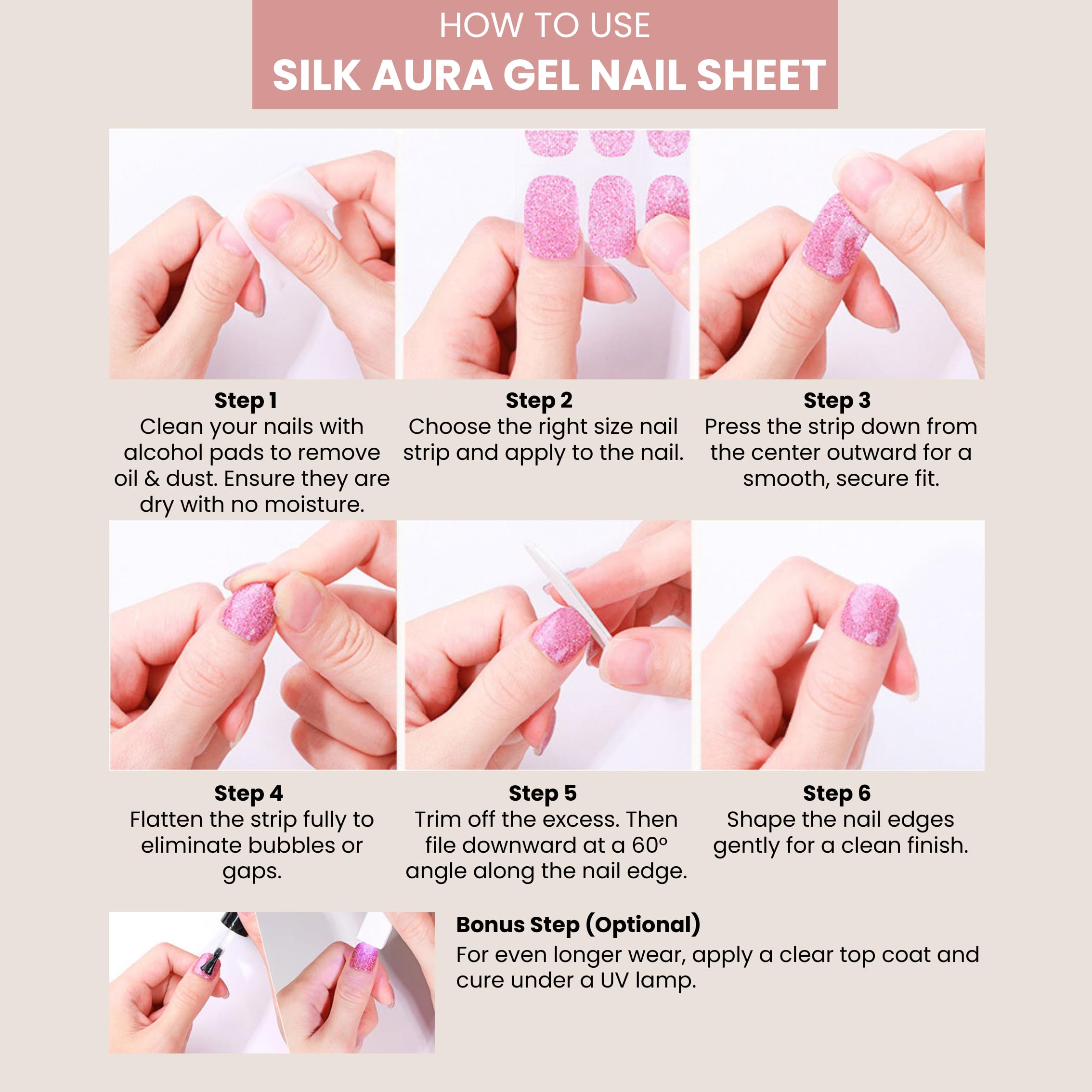 Silk Aura Pellicola autoadesiva in gel per unghie, senza raggi UV, nude glitterato, impermeabile e di lunga durata, design naturale per unghie delle dita e dei piedi