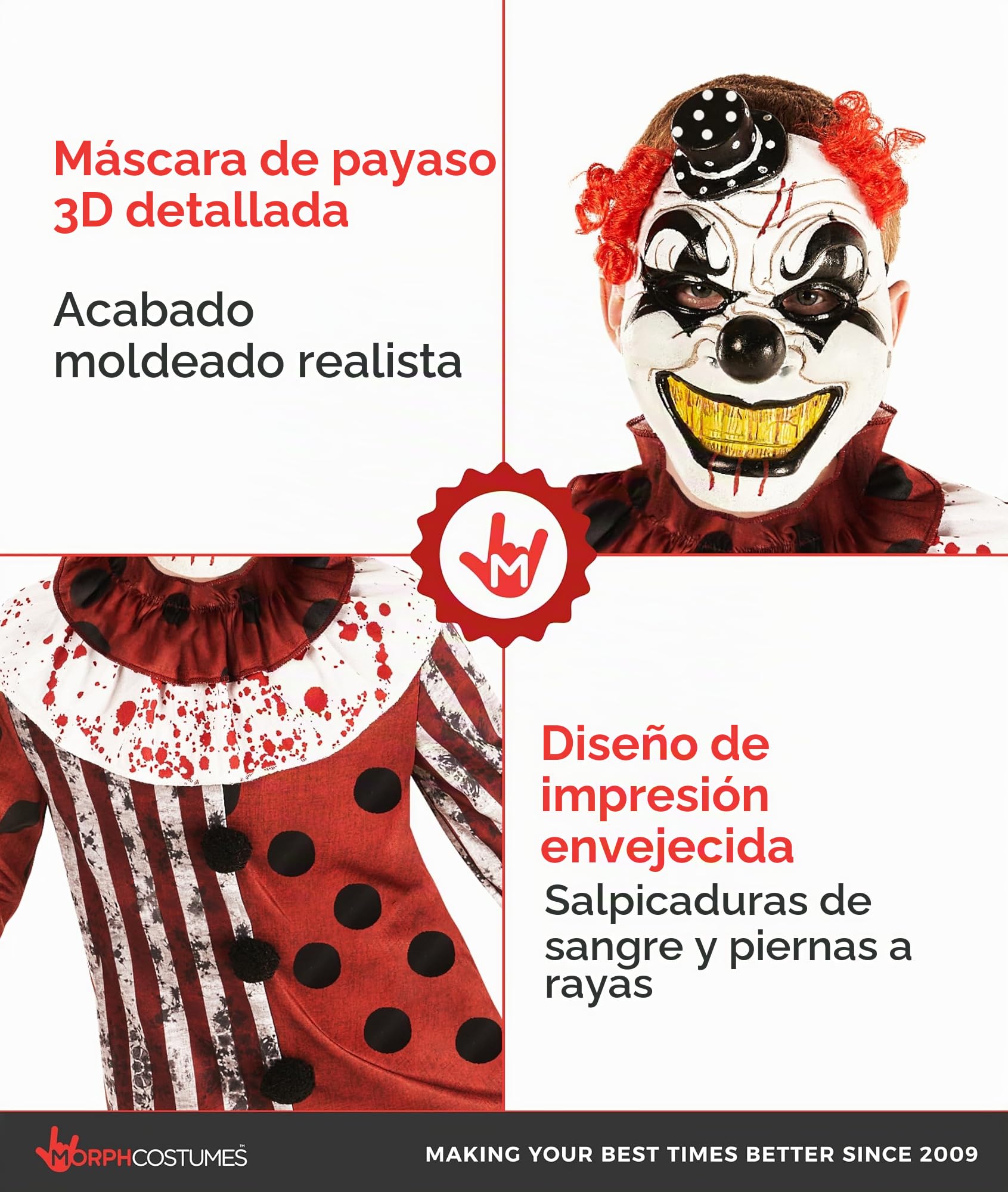 Morph Disfraz Payaso Siniestro Niño, Disfraz Halloween Niño