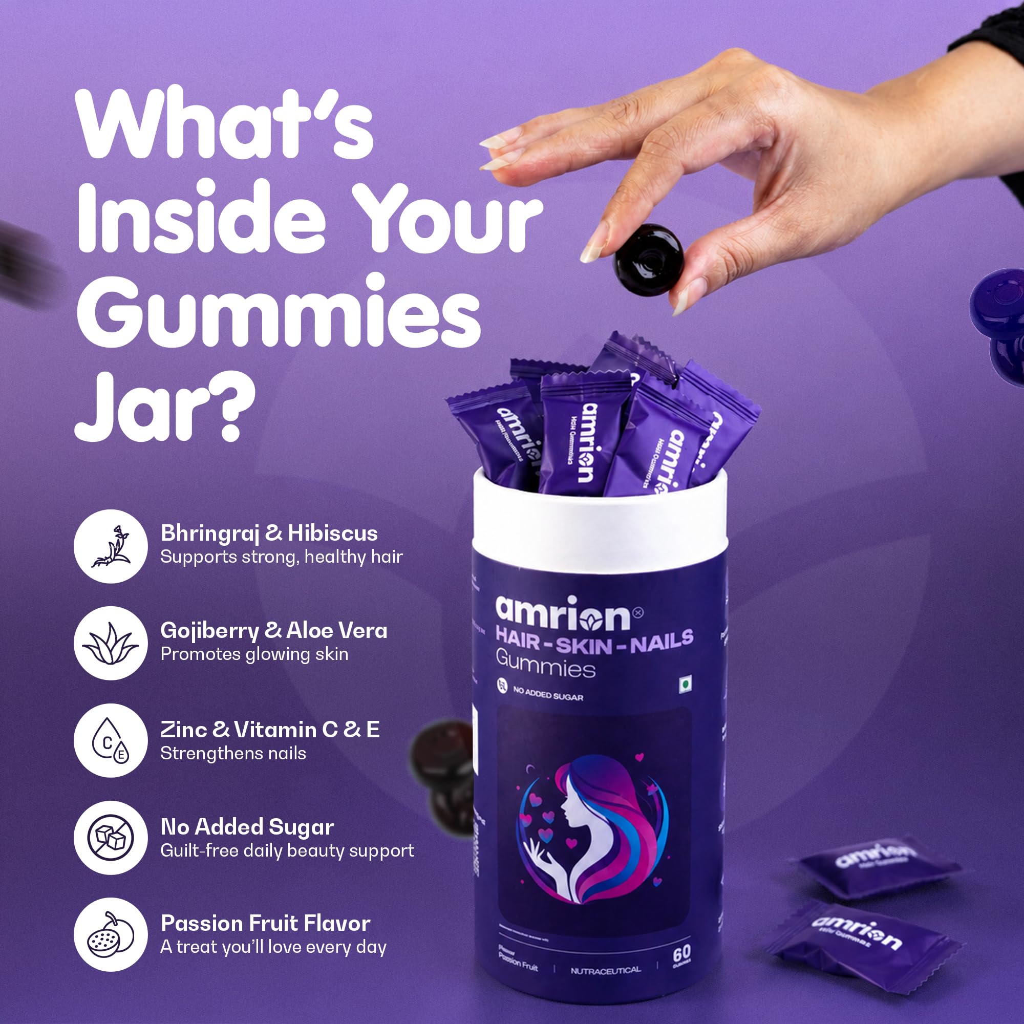 Hair Skin Nails Gummies for Women & Adults | With Gojiberry, Hibiscus, Bhringraj, Aloe Vera, Vitamin C, Vitamin E & Zinc | No Added Sugar | Passion Fruit Flavour | 60 Vegetarian Gummies — Amazon image 6