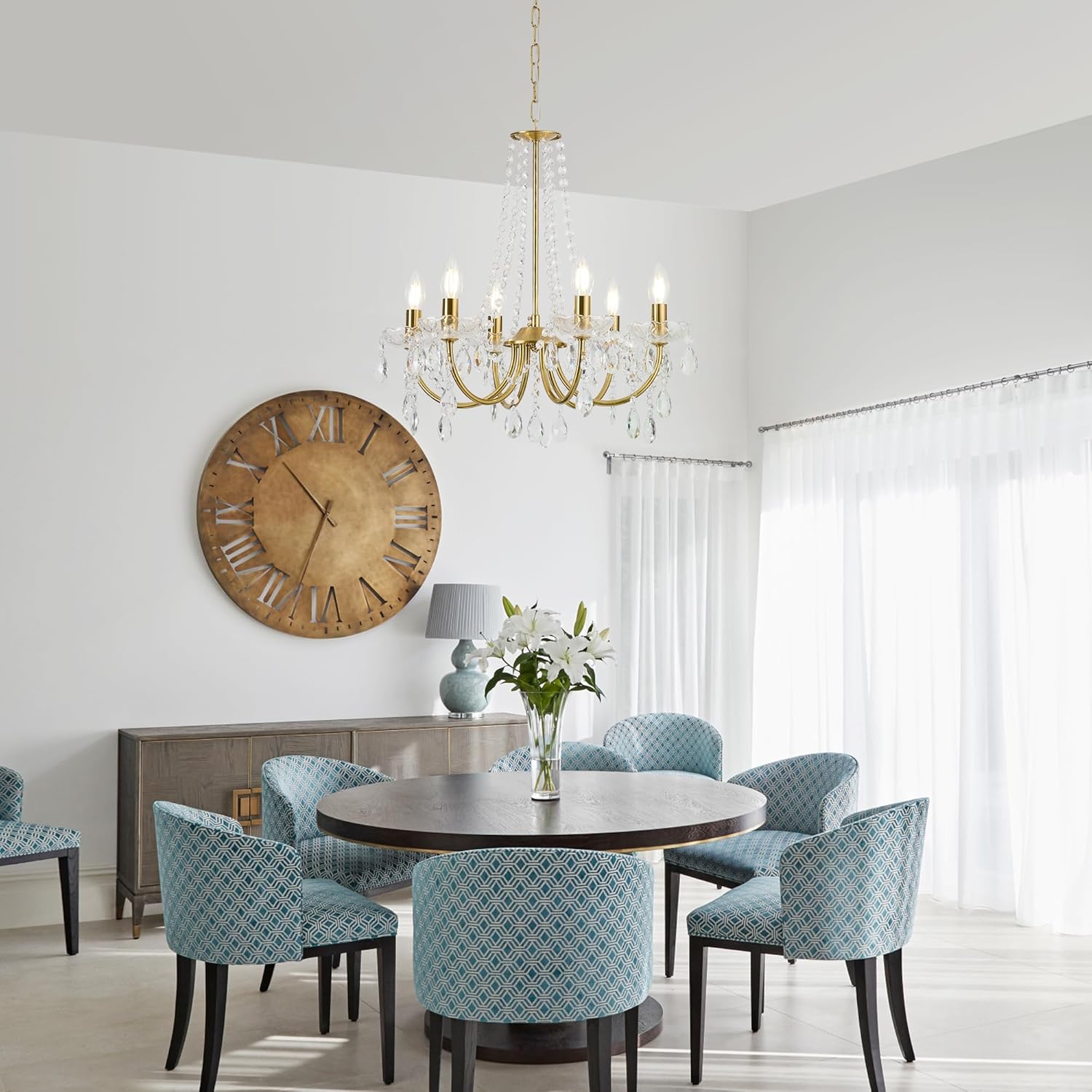 Plug in Crystal Chandelier for Living Room,Golden Hanging Pendant Light with Clear 14.76 ft Cord and On/Off, 6 Light Crystal Chandelier for Wedding, Kitchen, Dining,Foyer