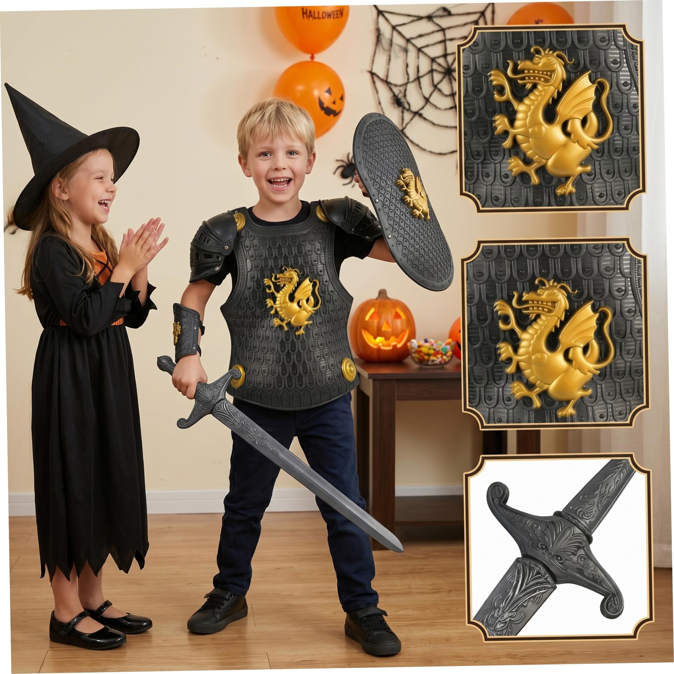 Costume da cavaliere per ragazzi set di armature per bambini a tema drago di Halloween spada scudo e casco inclusi nero