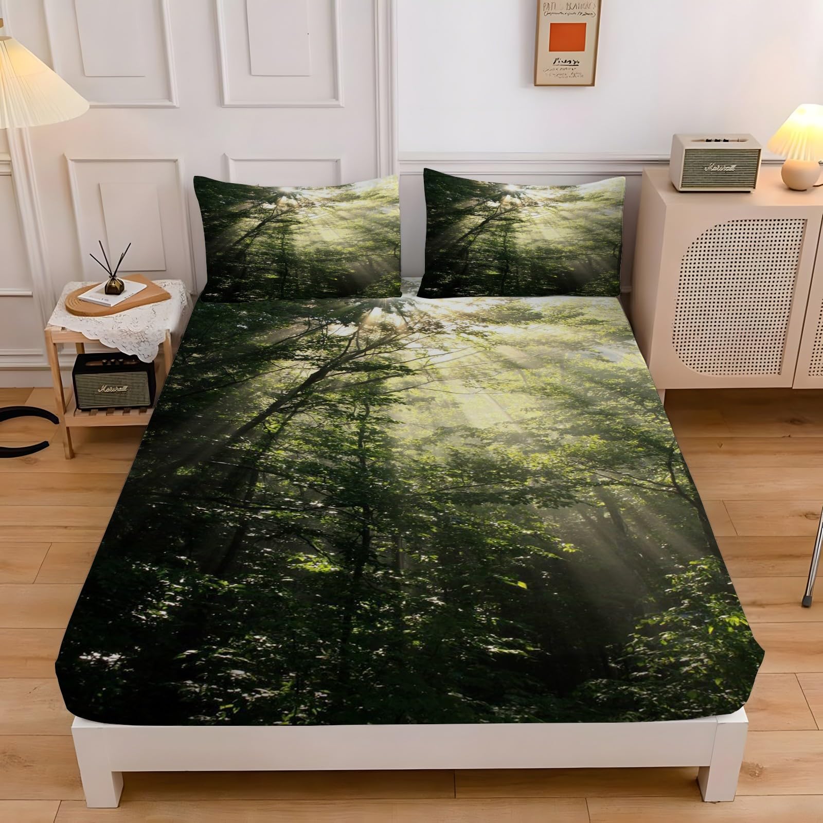 Prześcieradło z gumką z gumką Las Sawanna 160x200 Zielona pościel, miękki komfortowy ochraniacz na materac z głęboką kieszenią 30 cm i 2 poszewkami na poduszki