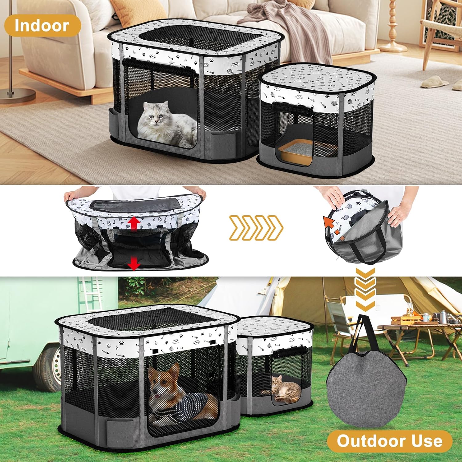Portable Cat Playpen, 8-Rod Reinforced Kitten Dog Puppy Playpens, Foldable Play Pen for Indoor Cats Enclosed Pet Kitty Doggy Outdoor, Collapsible Tent Kennel Cage Corral