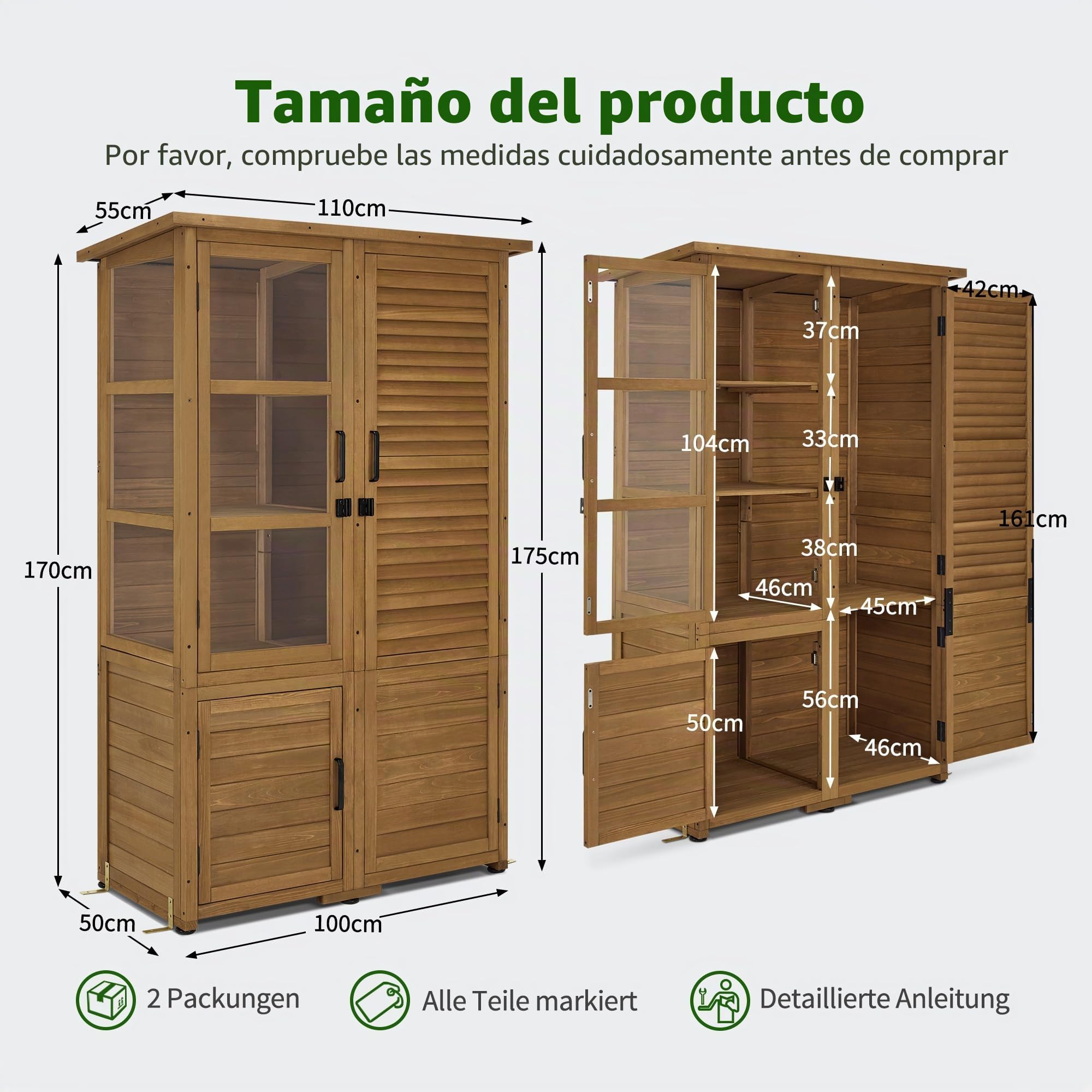 M MCombo Armario de jardín Caseta de jardín de Madera Resistente a la Intemperie, caseta para Herramientas Jardín Exterior Impermeable, para Exteriores Balcón Terraza, 55×110×175 cm, 0130D (Natural)