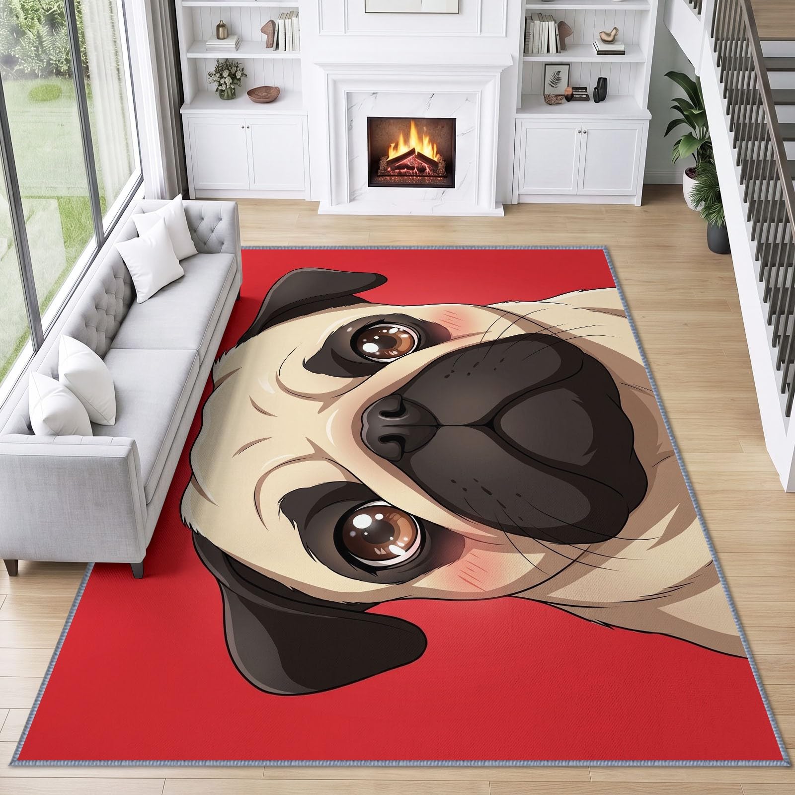 Zmywalny dywan 160 x 230 cm, mops, do sypialni, zwierzęta z kreskówki, antypoślizgowy, do salonu, wejścia, mata podłogowa, do kuchni, biura, jadalni
