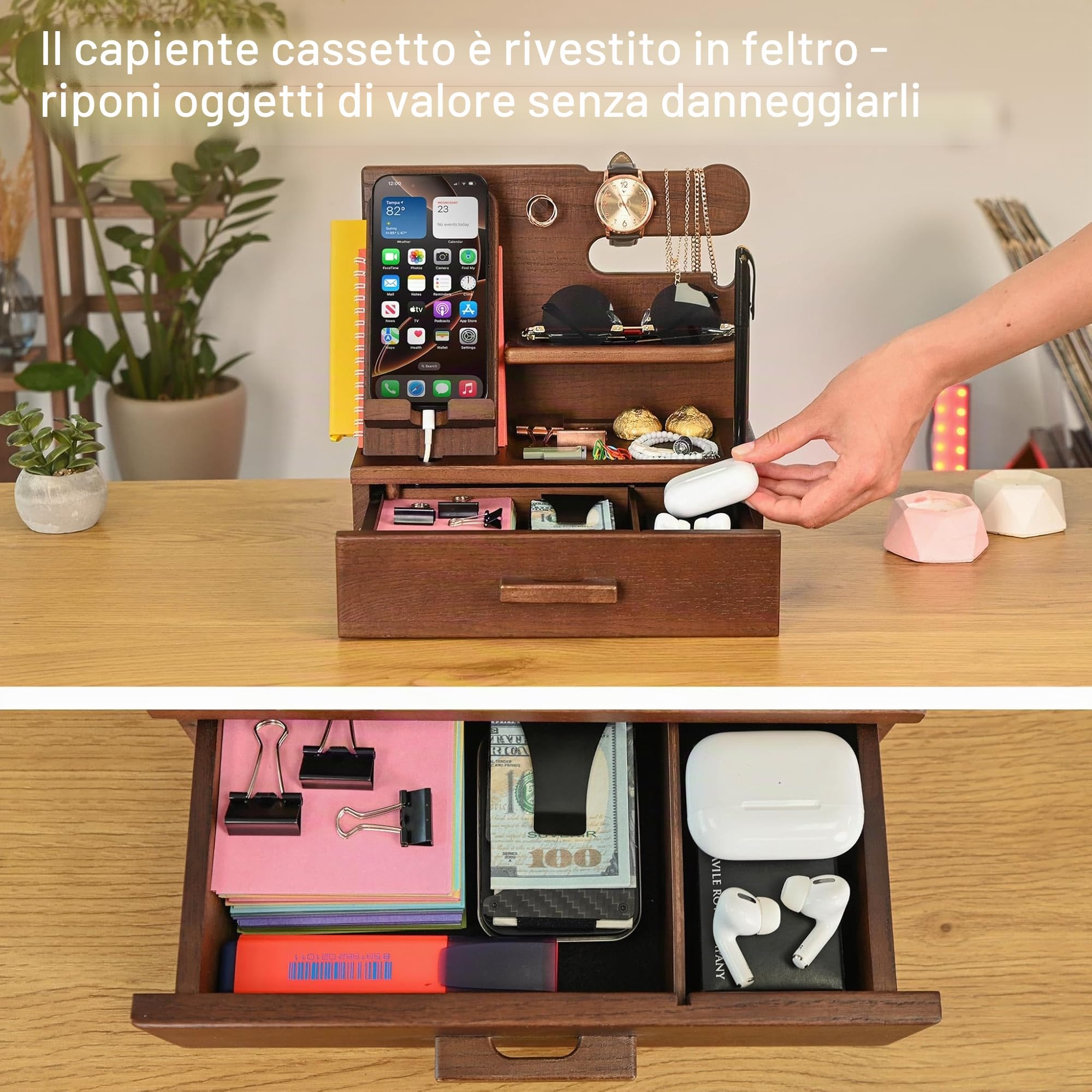 TESLYAR Stazione di ricarica telefono in legno con cassetto - Organizer da comodino - Organizer da scrivania per marito - Idee regalo di compleanno per uomini, papà, anniversario, portachiavi