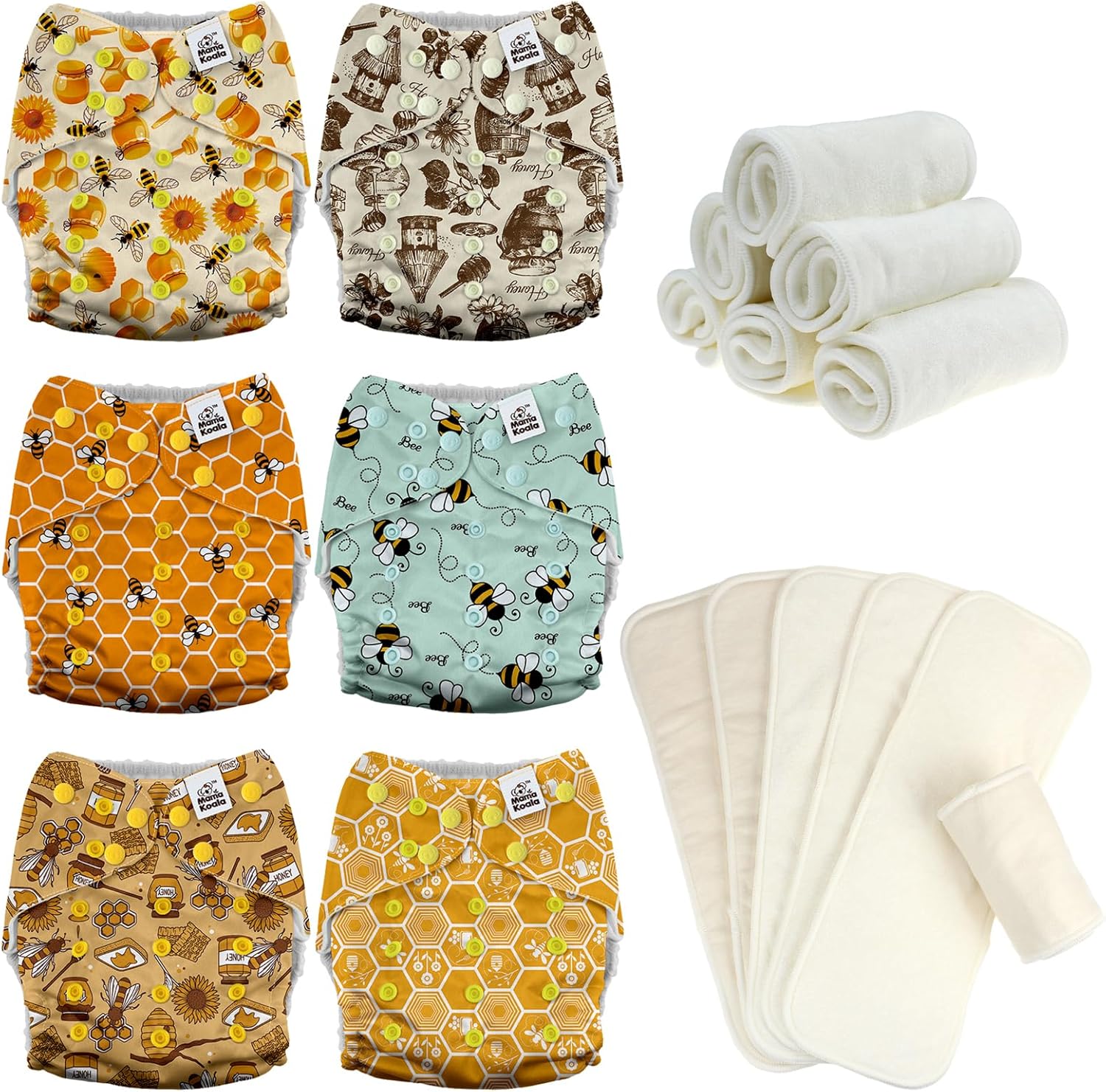 Mama Koala 3.0 Baby Cloth Diapers with 6 Inserts Bundle(Hardworking Bees), with 6 Pack 6-Layer Bboo Hemp Cotton Inserts
