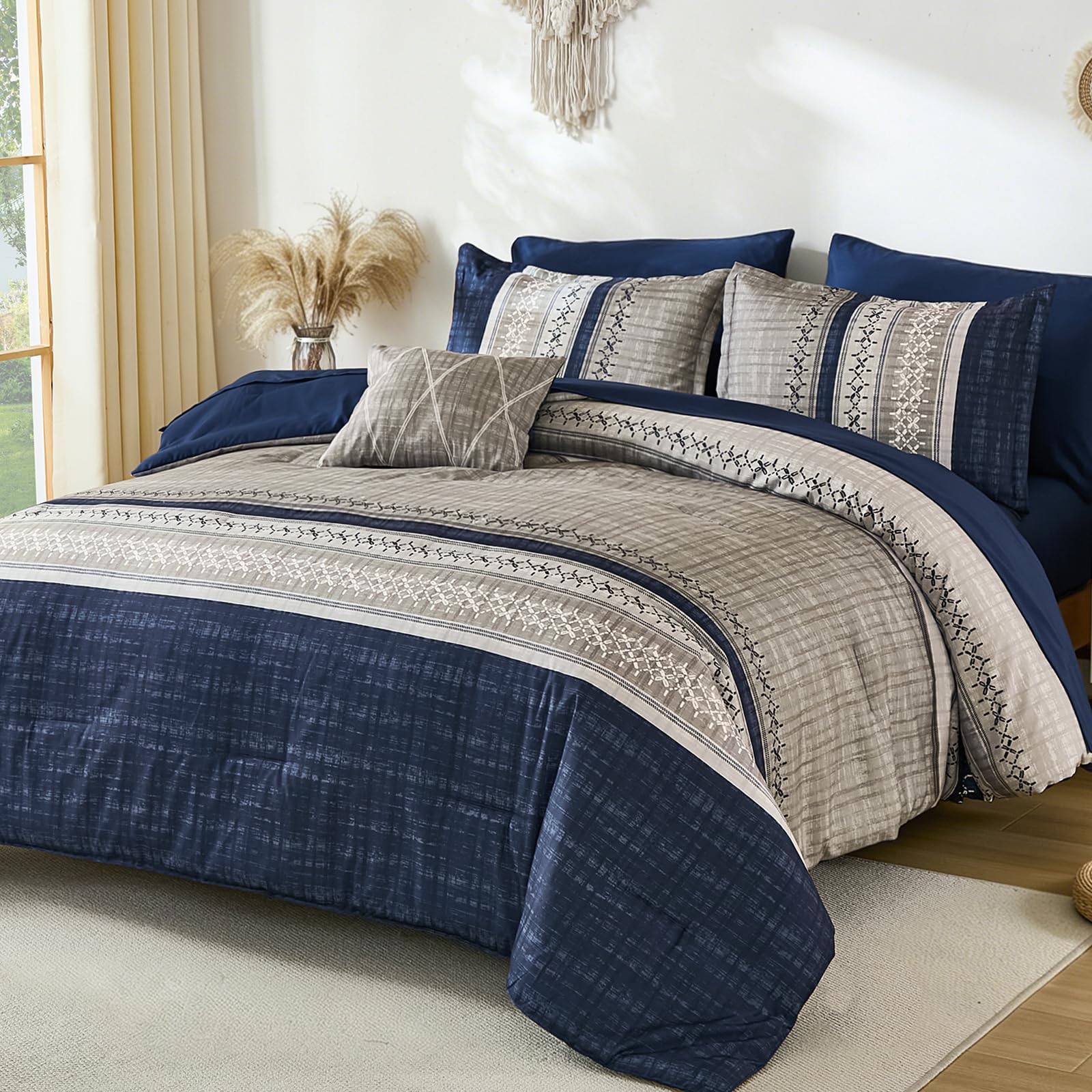 Dintszyayue Blue Queen Comforter Size Set, 8 Pieces Boho Grey Striped Texture Bed in a Bag Sets, Lightweight Soft Bohemian Comforter and Sheet Set, All Season Microfiber Bedding Sets for Men Women