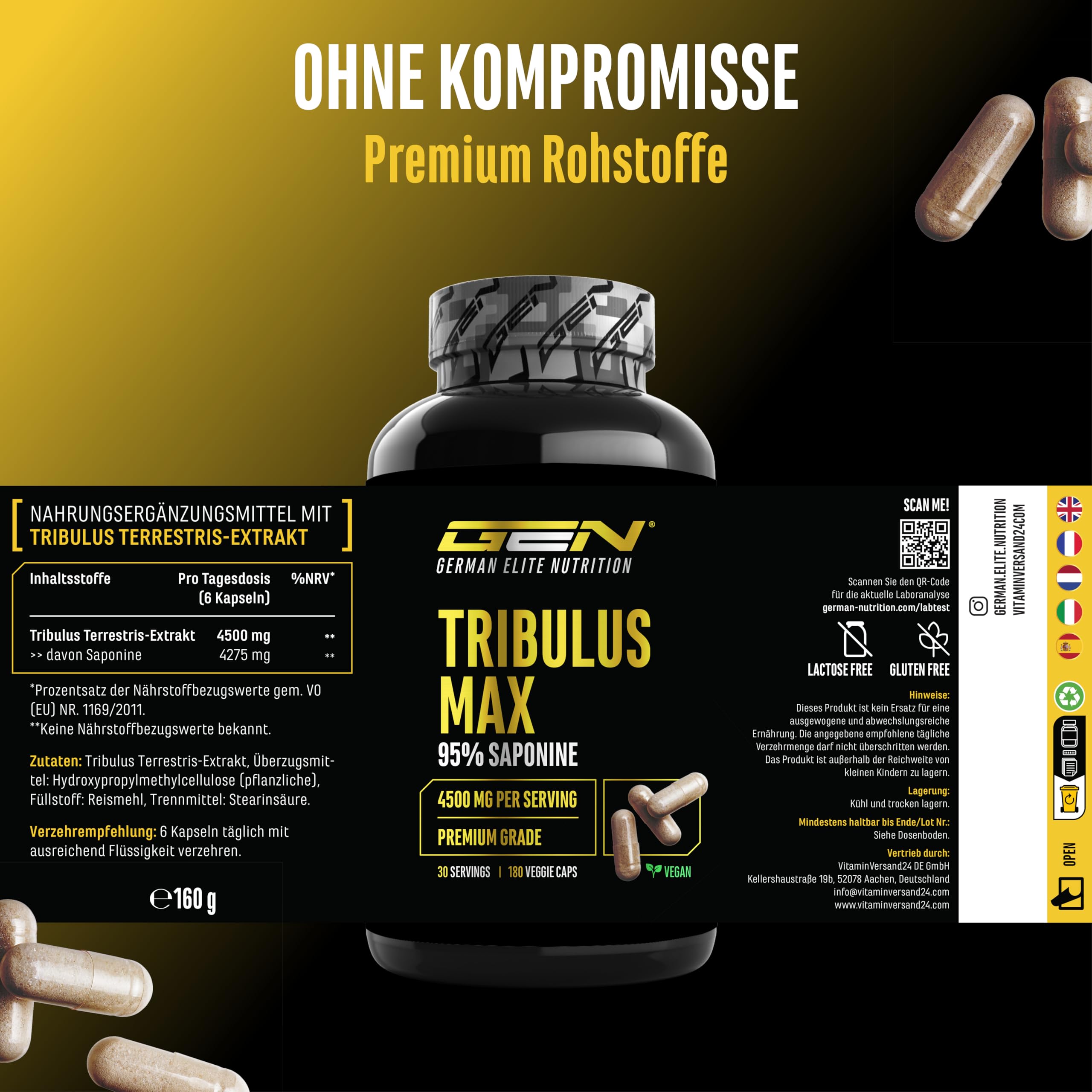 Tribulus Max - 180 Kapseln - Hochdosiert mit 4500 mg pro Tagesdosis - 95% Saponine - Reines Tribulus Terrestris Extrakt 10:1 - Ohne unnötige Zusätze, vegan