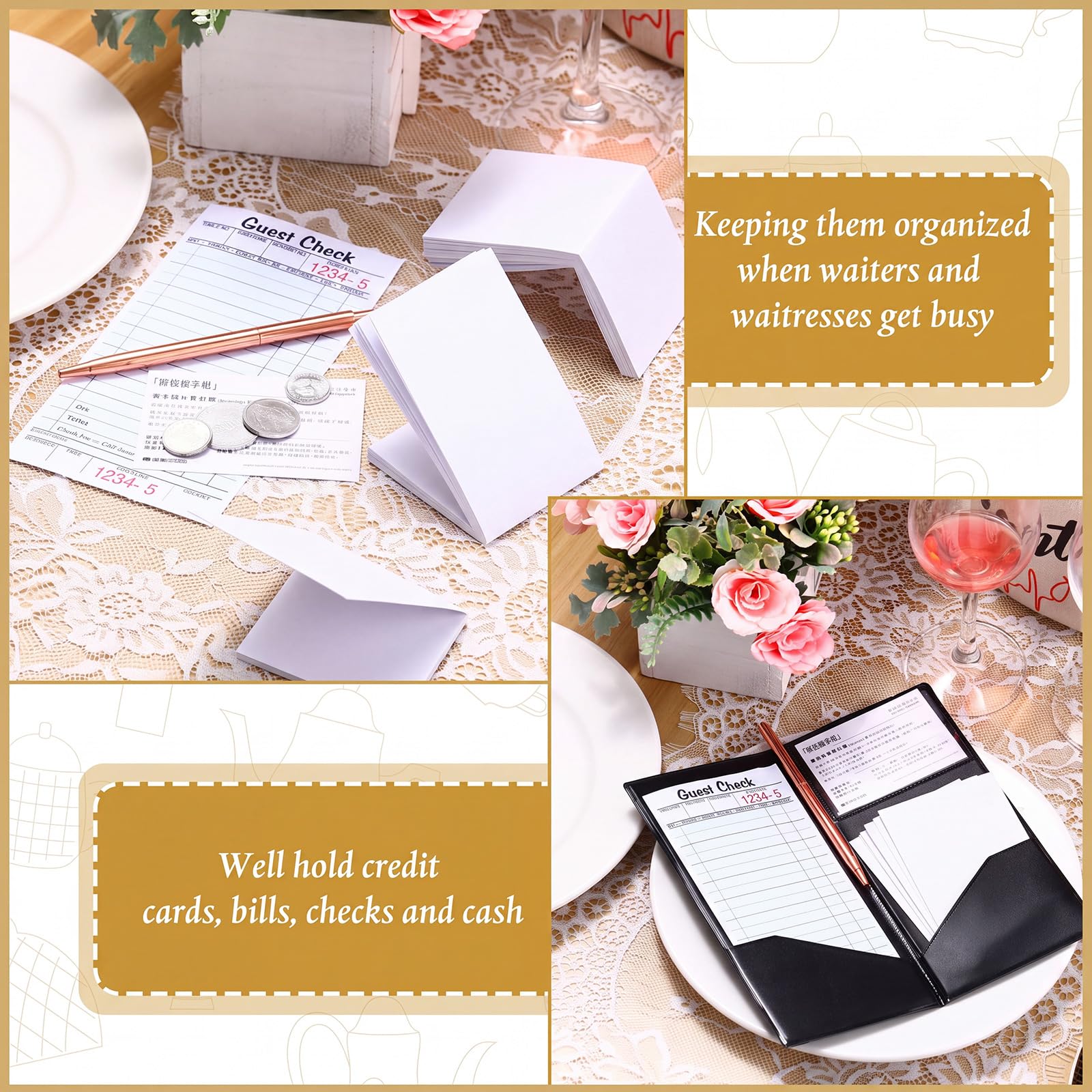 Check Presentadores para restaurante, titulares de tarjetas de control para restaurante, negro, inscripción "Thank You" en oro, cuaderno de cheques para camarero (20 piezas)