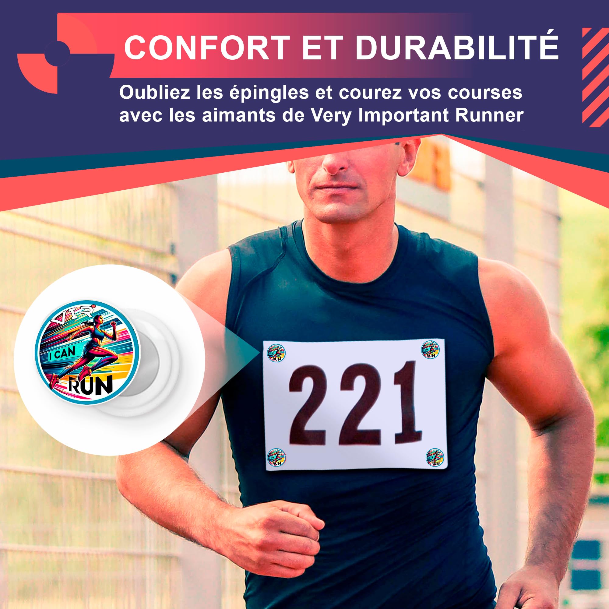 Porte-dossard Aimant Running - Pack 4 Aimants Dossards Triathlon, Fixation Haute Résistance, Porte Dossard Trail, Running Femme Accessoire avec Designs (I Can Run)