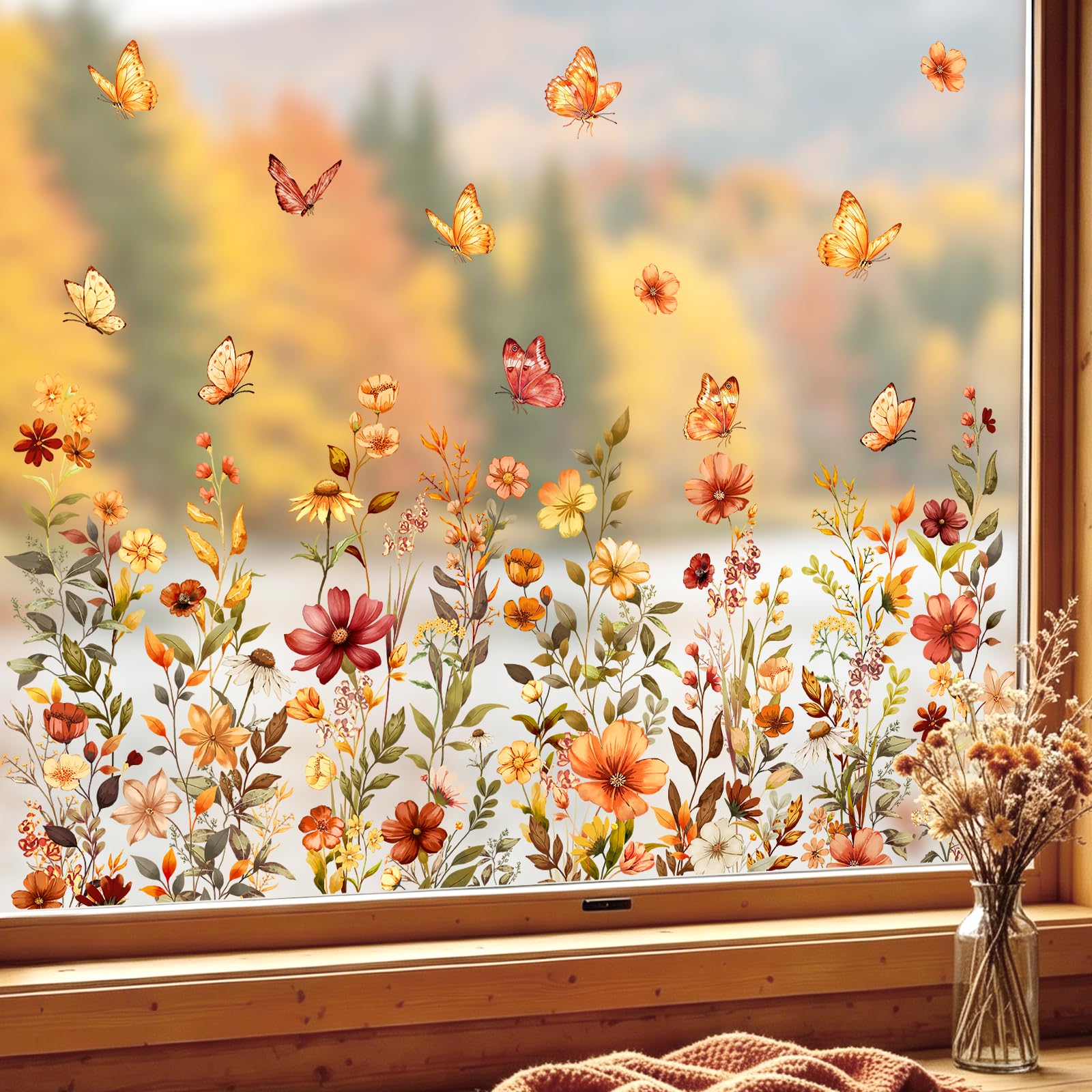 Tanlaby Fall Wildflower Window Clings Autumn Wild Flower Window Stickers Reusable Floral Butterflies Static Decals for Harvest Party Home Classroom Office School Decor