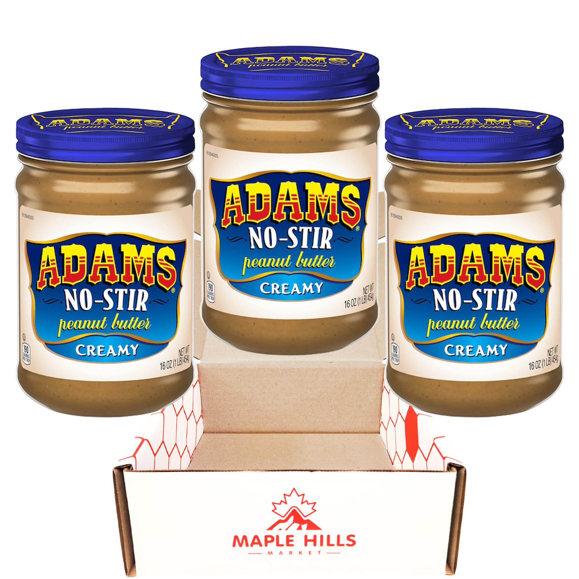 Adams No-Stir Creamy Peanut Butter Bulk Pack - 3 Individually Sealed 16 Ounce Jars of Adams Creamy Peanut Butter - No Stirring Needed - 8g Protein Per Serving - In Maple Hills Market Protective Box
