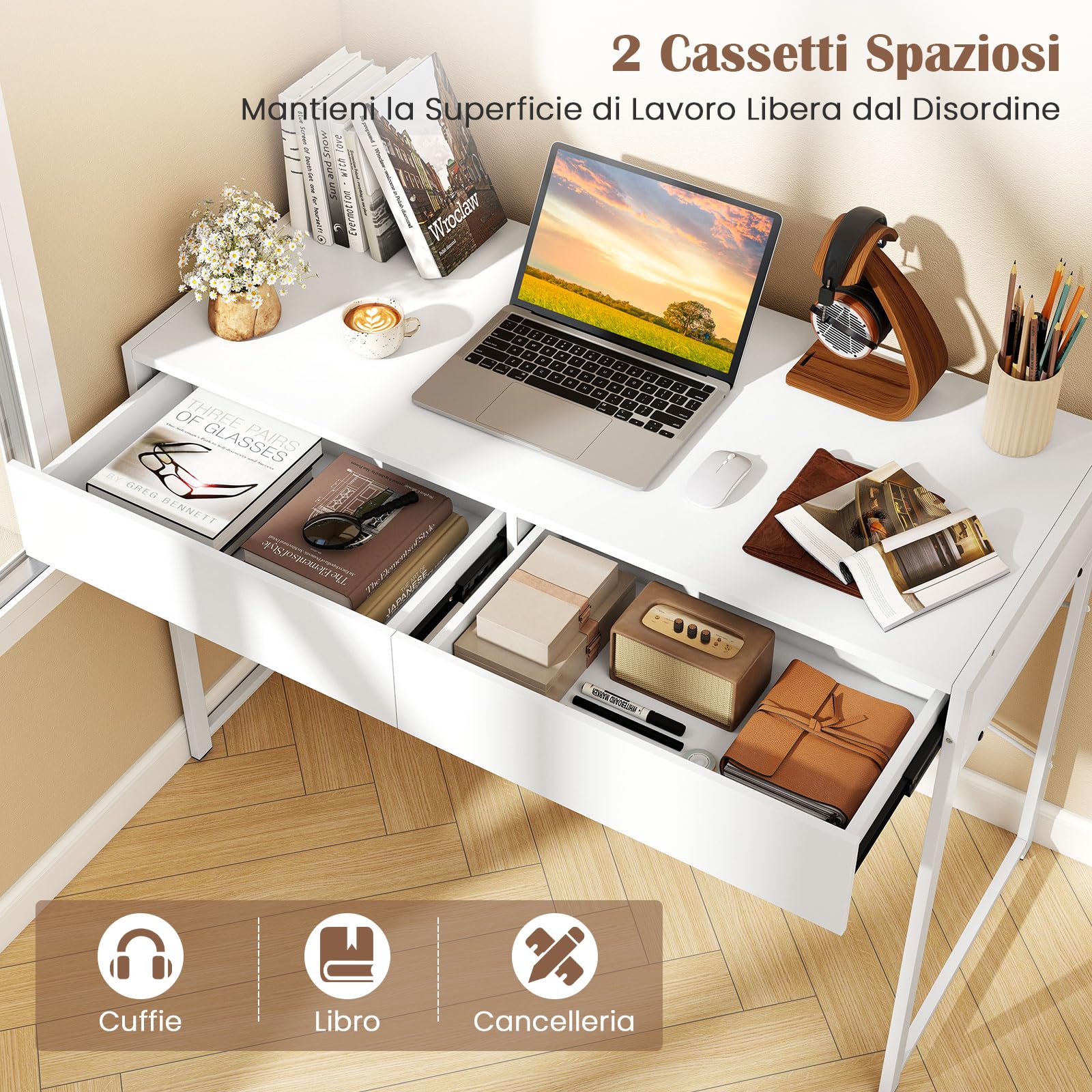 COSTWAY Scrivania per Computer con 2 Cassetti, Scrivania Porta PC con Telaio in Metallo e Legno, Posizione da Lavoro per Studio e Ufficio, Portata 100 kg, 112 x 48 x 76 cm (Bianco)