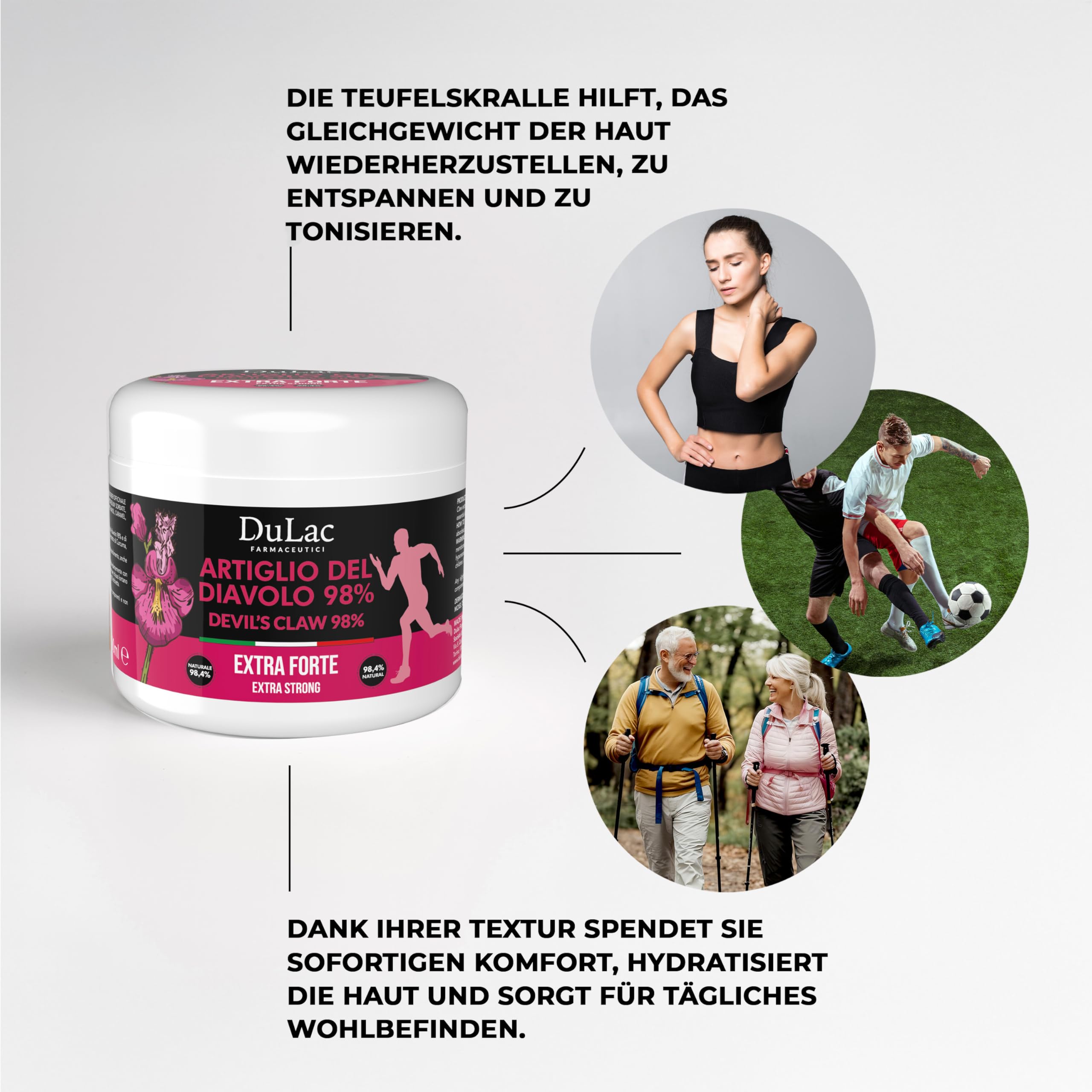 DuLàc, Teufelskralle 98% 500 ml, Körpercreme-Gel mit Ingwer, Menthol und Kurkuma, zur Massage von Muskeln und Gelenken, Dermatologisch Getestet, Nickelgetestet, Made in Italy