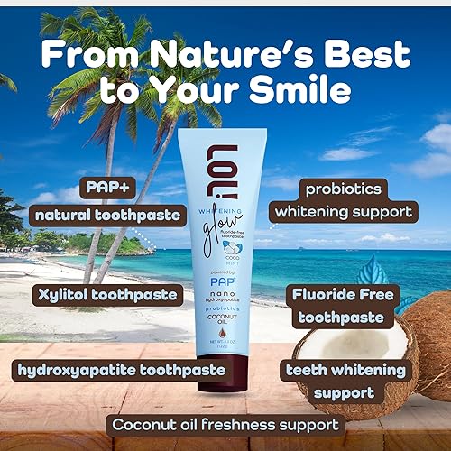 Miniatura 7 de LOL - Pasta de dientes blanqueadora de dientes de aceite de coco con suave pap+, pasta de dientes nano hidroxiapatita  Probióticos  Sin flúor,