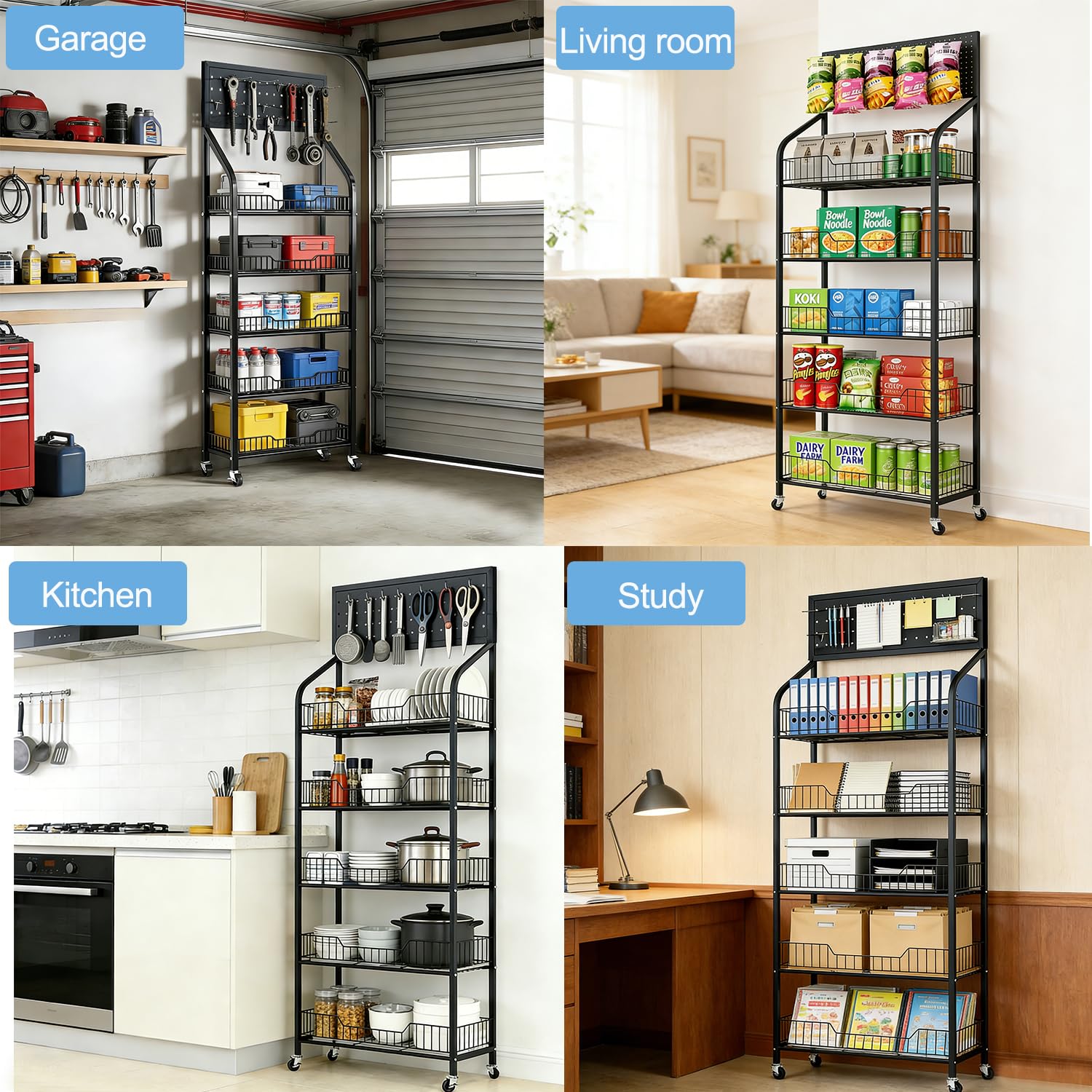 devesanter 5-stufiges Metallregal mit 10 Haken und 4 Rollen,Schwarz | Großzügiges Präsentationsregal für Snacks und Zubehör. Mobil einsetzbar in Handel, Garage, Küche, Wohnzimmer und Büro.