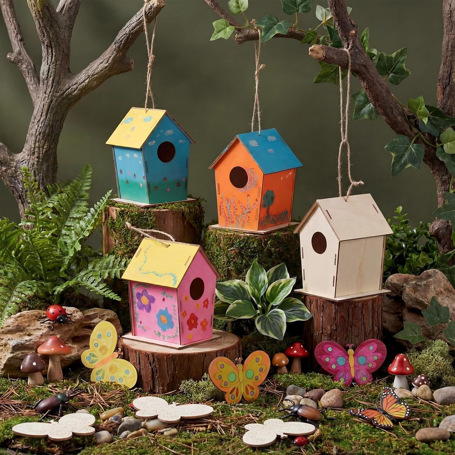 DoubleFill 96 Pack Wooden Bird Houses Bulk, Butterfly Wood Chips for DIY Unfinished Hanging Birdhouse Kits, Wooden Craft Houses to Paint VBS Craft Family Crafts Party Favor