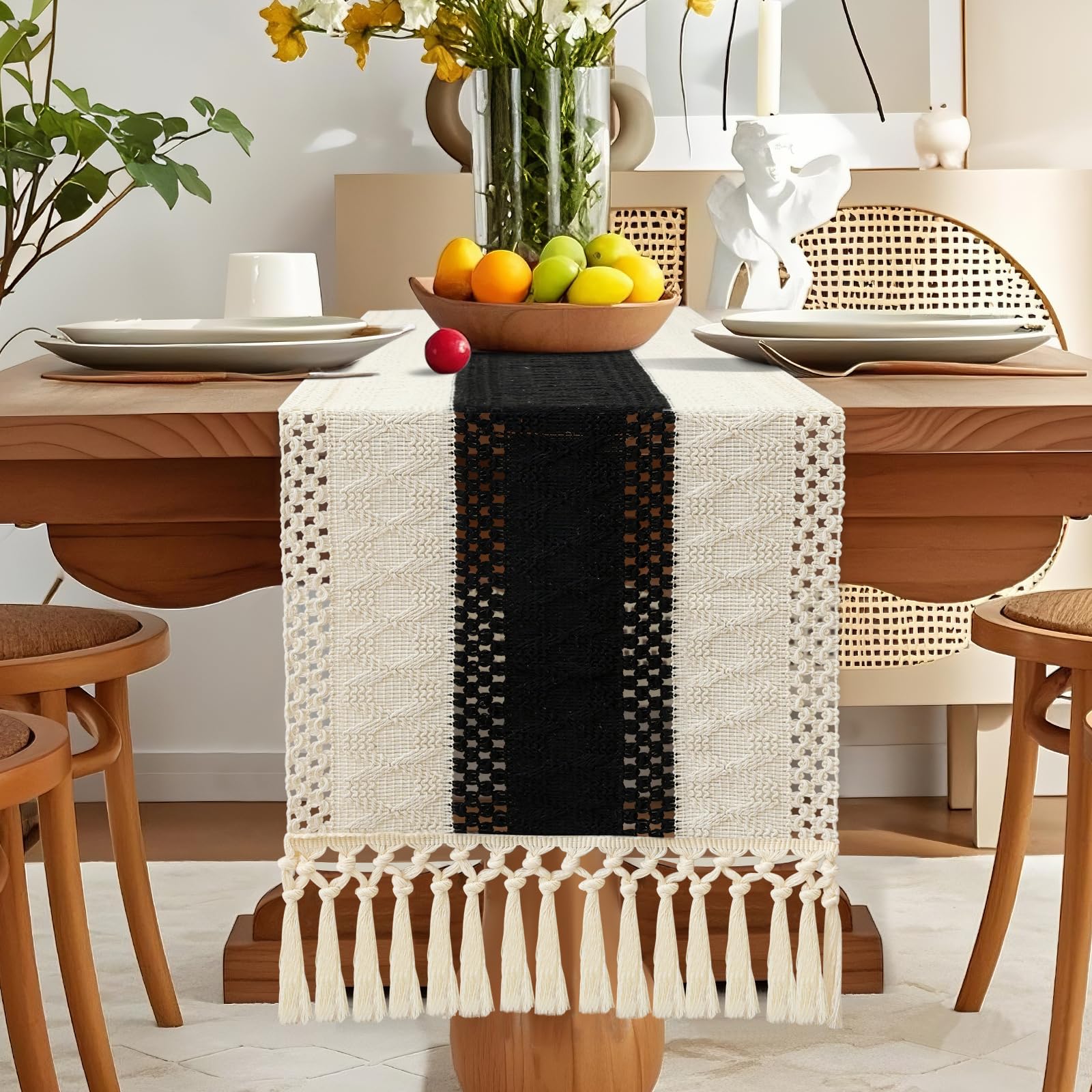 OTOSTAR Boho Table Runner 12x90 Inch Macrame Table Runners with Tassels 90 Inches Long Rustic Farmhouse Table Runner for Living Room Kitchen Dining