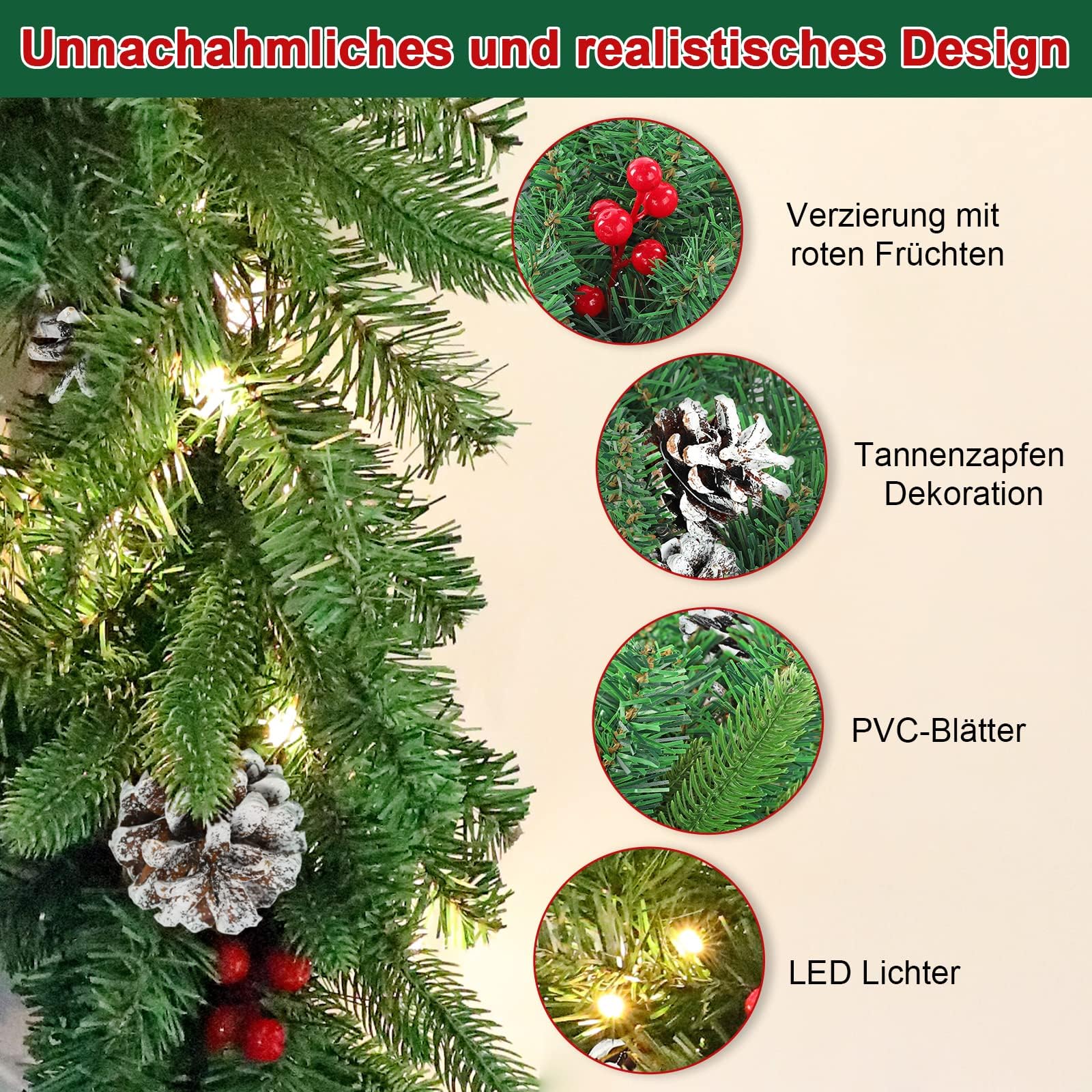 LZQ 5m Girlande Weihnachten Weihnachtsgirlande mit Beleuchtung, Weihnachtsdeko Girlanden mit Roten Beeren und Tannenzapfen, Tannengirlande für Innen und Außendekoration von Türen, Wänden und Treppen