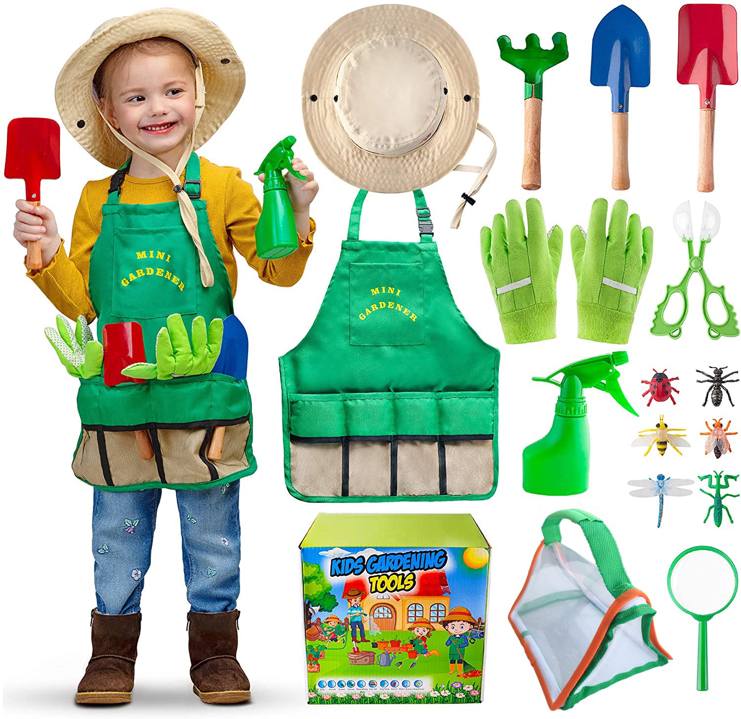 Kit De Jardinería Infantil De 7 Piezas Con Sombrero, Delantal, Guantes, Rociador, Rastrillo, Paleta Y Palas, Para Niños De 115 A 145 Cm, Material Oxford