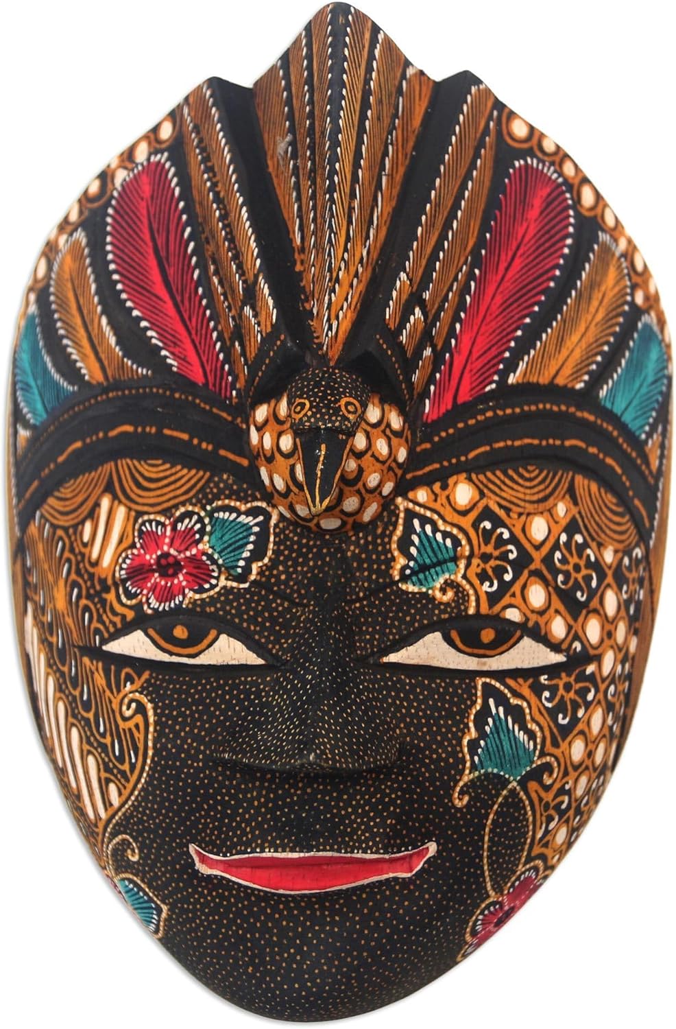 NOVICA Artisan Handmade Batik Multicolor Wood Mask from Indonesia [7.25in H x 5.5in W x 3.3in D] 'Bird Dance'