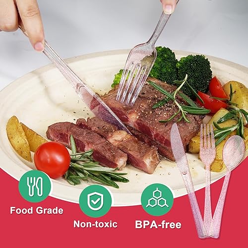 Miniatura 4 de Juego de cubiertos de plástico color oro rosa de 180 piezas, cubiertos desechables con purpurina, juego de cubiertos, 60 tenedores, 60 cucharas, 60