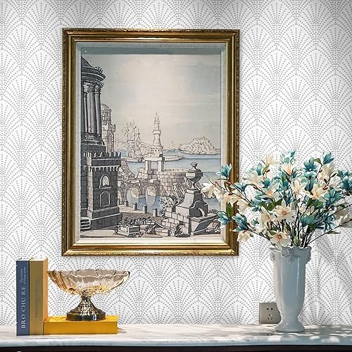 Vista 4 de Ismoon Papel tapiz geométrico de 17.3 x 393 pulgadas, papel tapiz blanco y plateado, papel tapiz moderno autoadhesivo de pared, papel de contacto