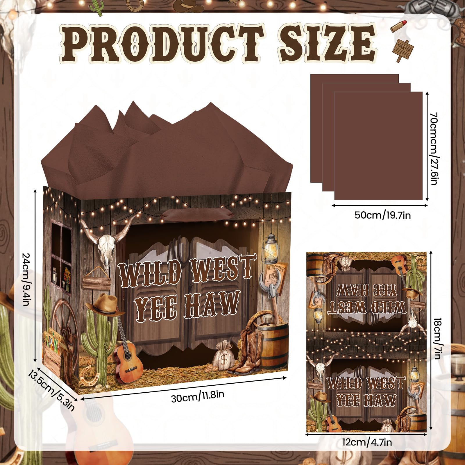 MOORIIY Western Cowboy Gift Bag with Tissue Paper and Greeting Card, Rustic Cowboy Birthday Gift Bag Wild West Wrapping Paper Bag for Boys Girls Birthday, Western Rodeo, Baby Shower Party Supplies