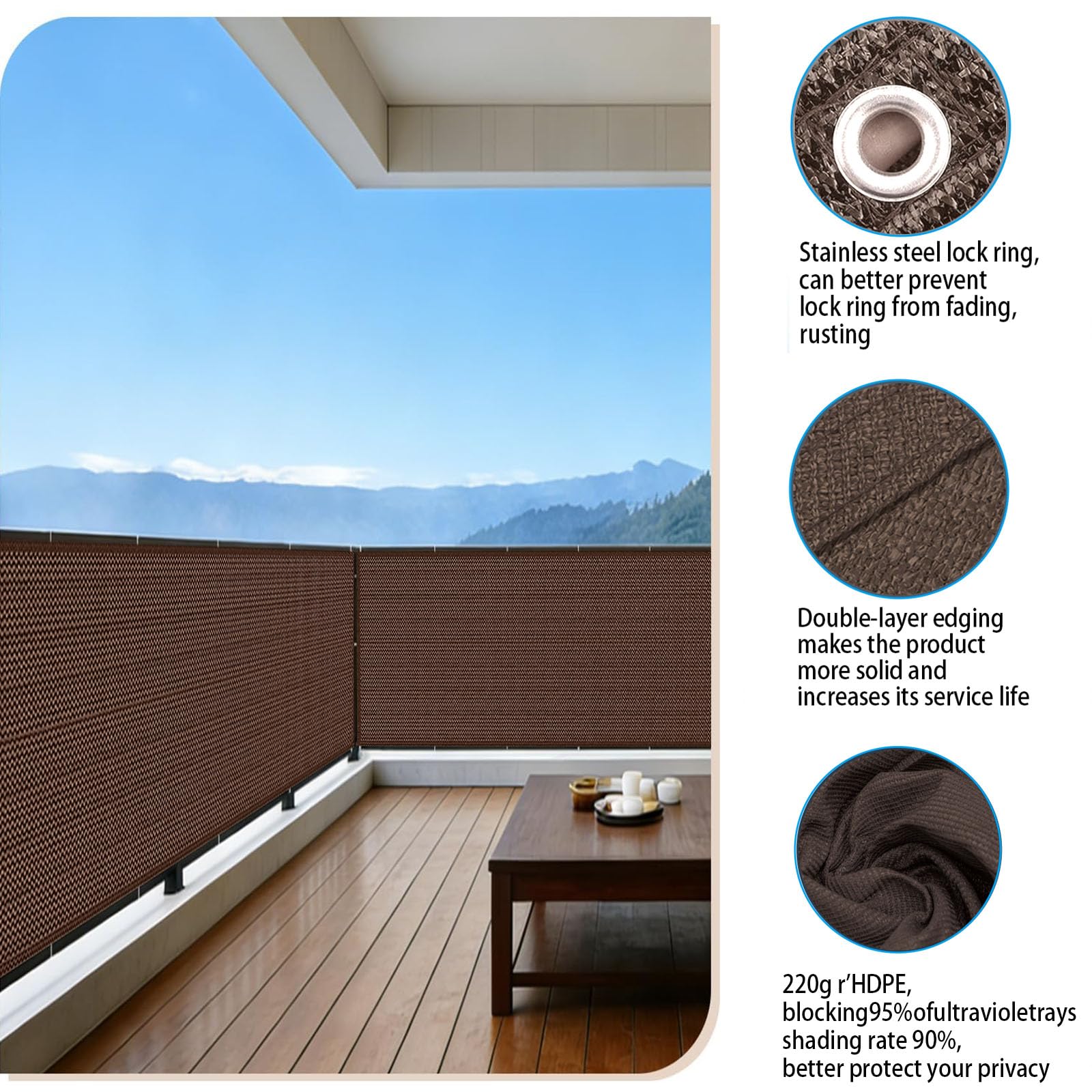 Copri Ringhiera Balcone 170 x 550 cm Protezione Solare, Protezione Della Privacy, Uv, Traspirante Schermi Protettivi Frangivisto Balcone per Giardino, Marrone