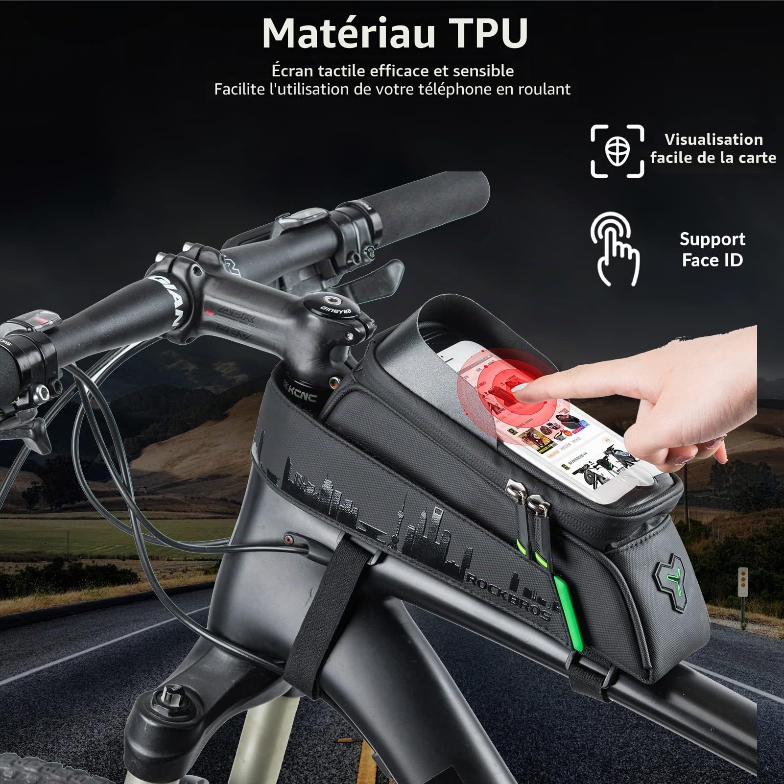 ROCKBROS Sacoche de Cadre Vélo 1,5L Support de Téléphone sous 6,5 Pouces 2 en 1 Vélo Route Sac Rangement Vélo Électrique Écran TPU Tactile Sensible Anti Éclaboussure Smartphone VTT Pare-Soleil Noir
